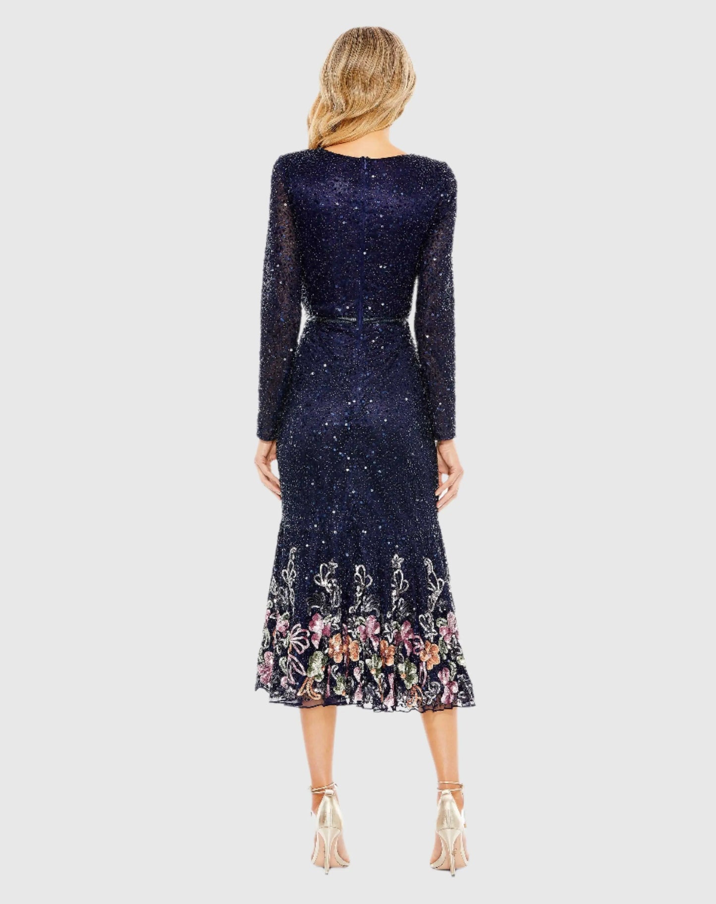 Navy Multicolor Faux Wrap Long Sleeve Tea Length Dress - Mac Duggal