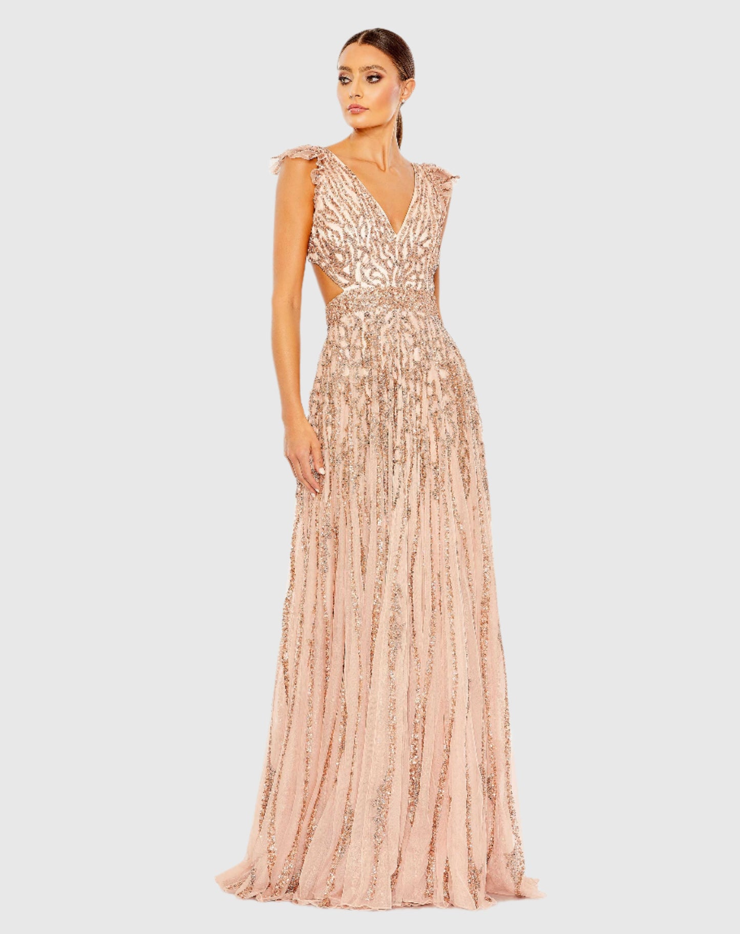 Sequined Flutter Cap Sleeve Cut Out A Line Gown