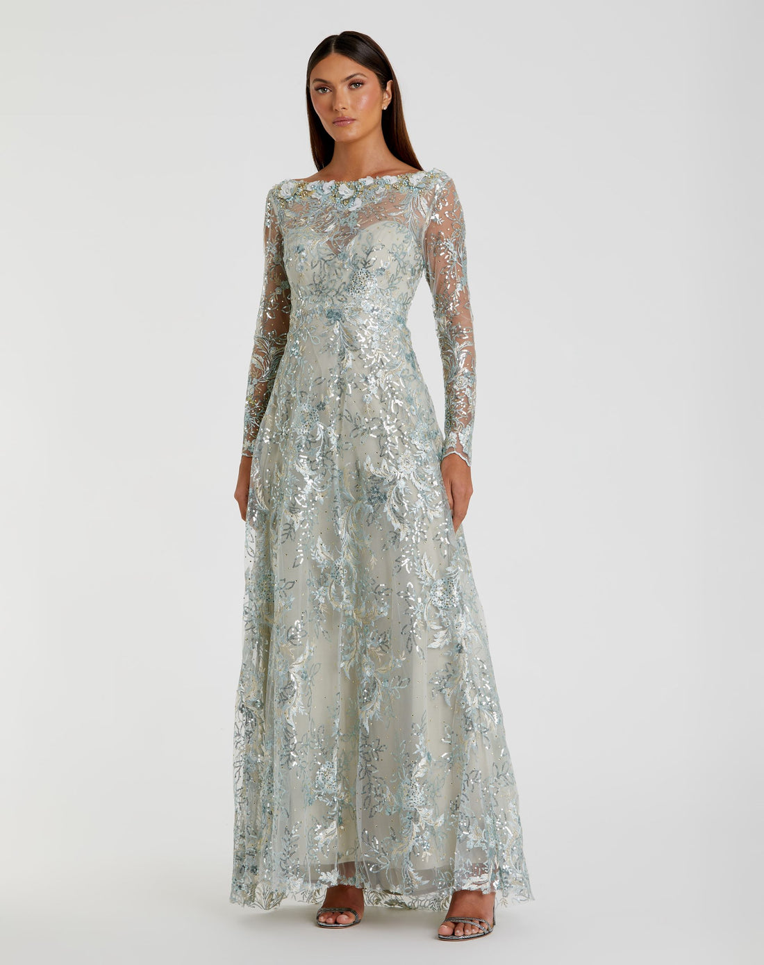 Floral Embroidered Illusion Long Sleeve Gown