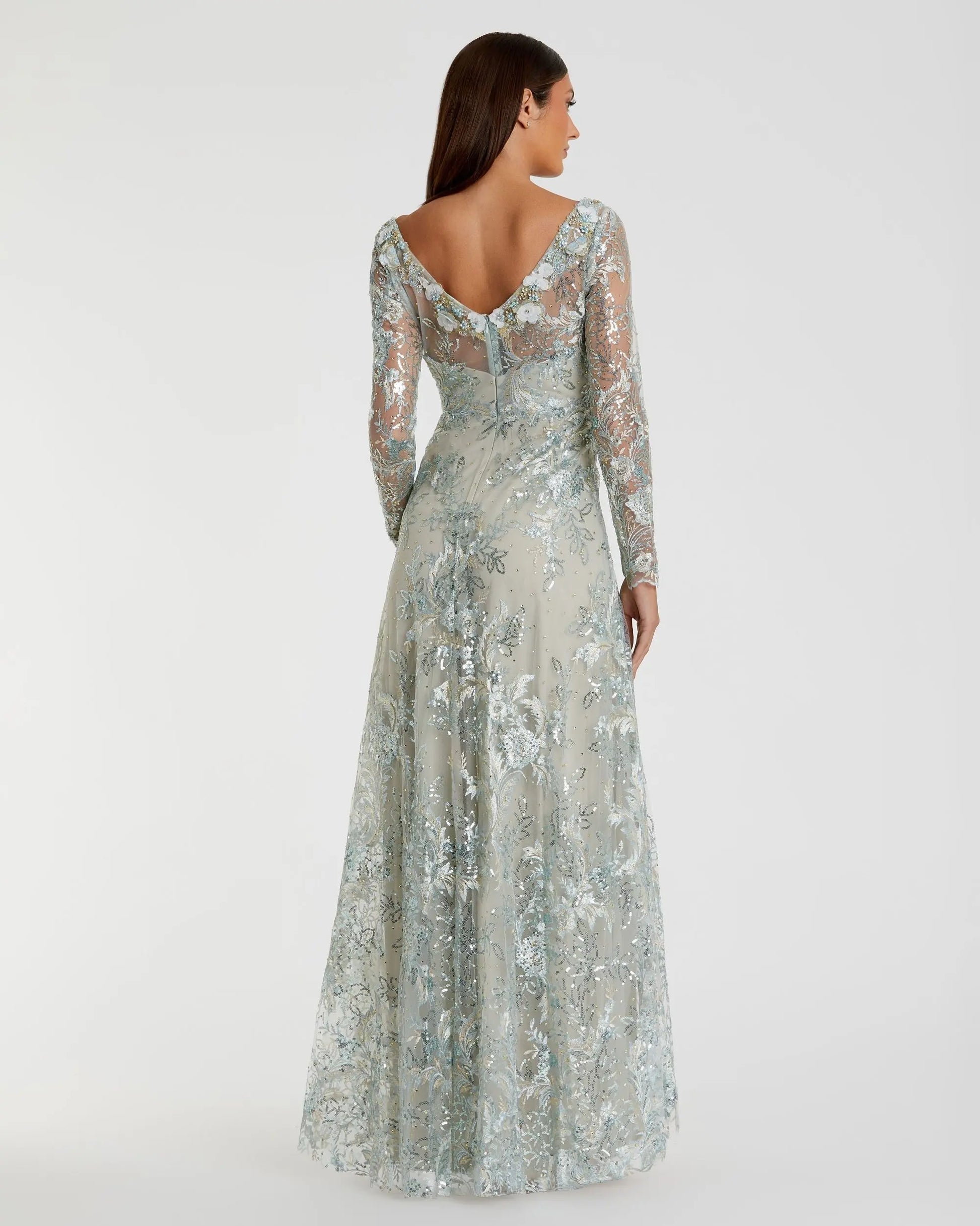 Green Floral Embroidered Illusion Long Sleeve Gown Green Floral Embroidered Illusion Long Sleeve Gown