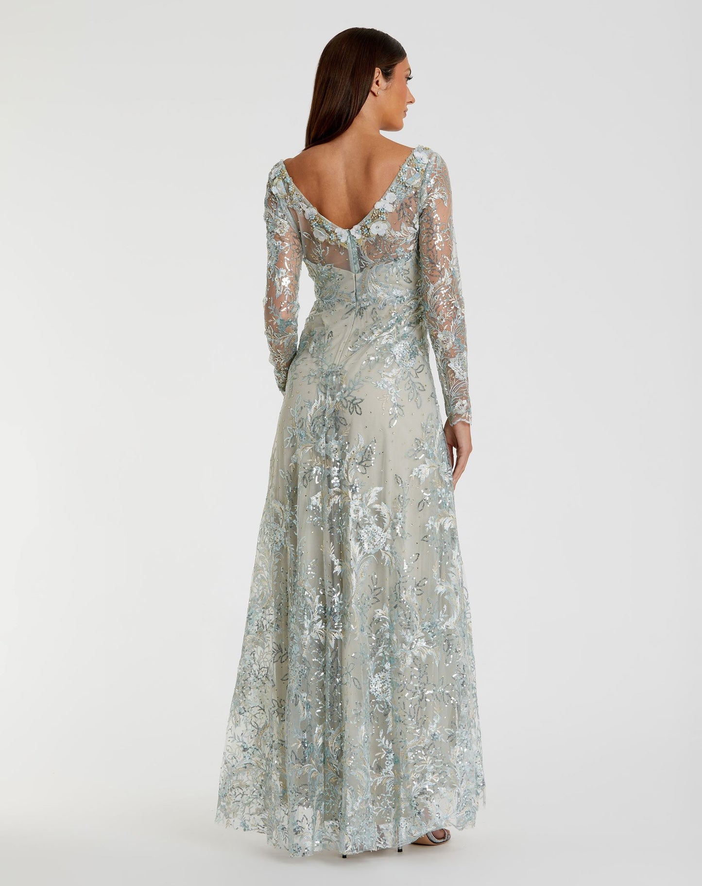 Floral Embroidered Illusion Long Sleeve Gown