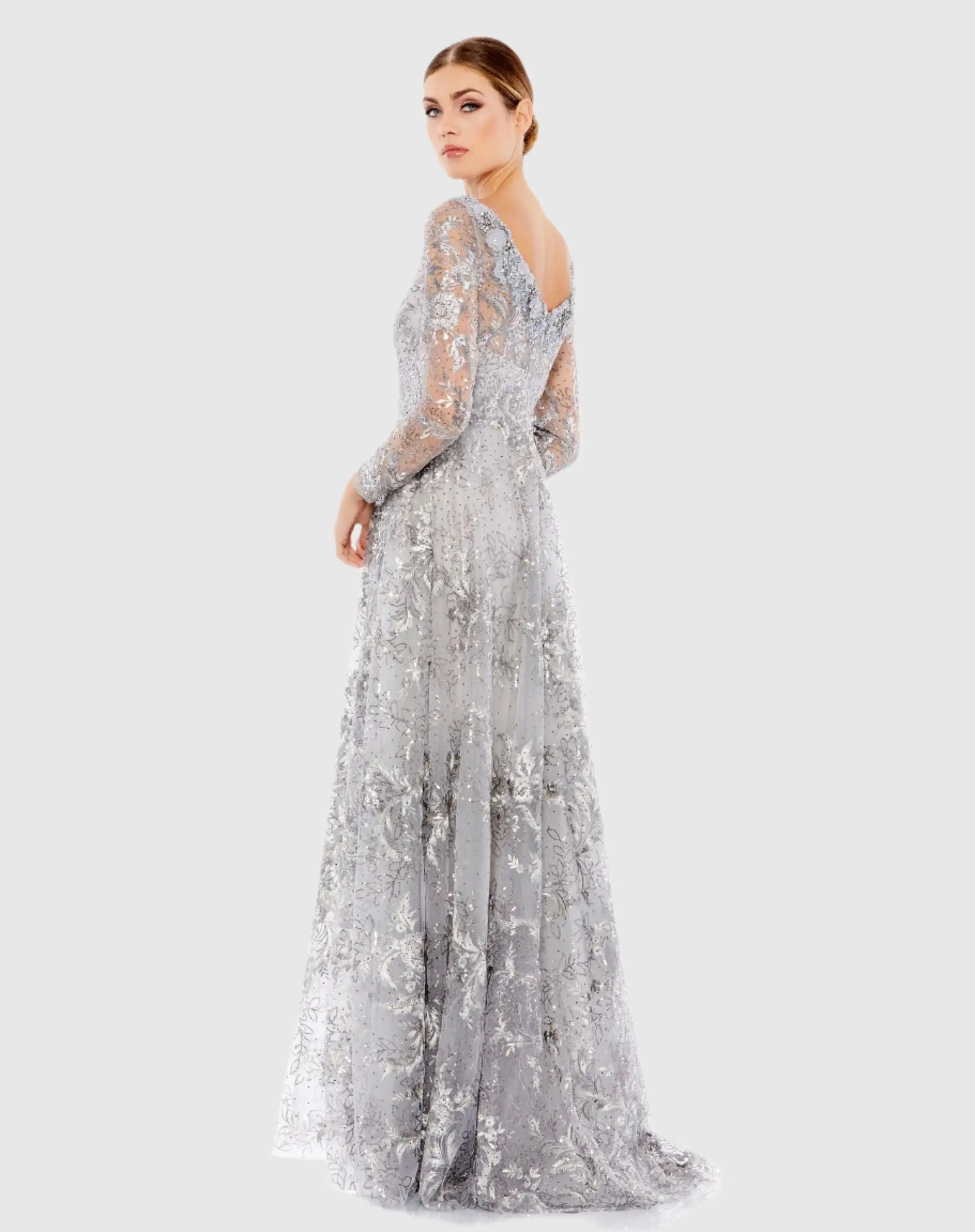Gray Floral Embroidered Illusion Long Sleeve Gown - Mac Duggal
