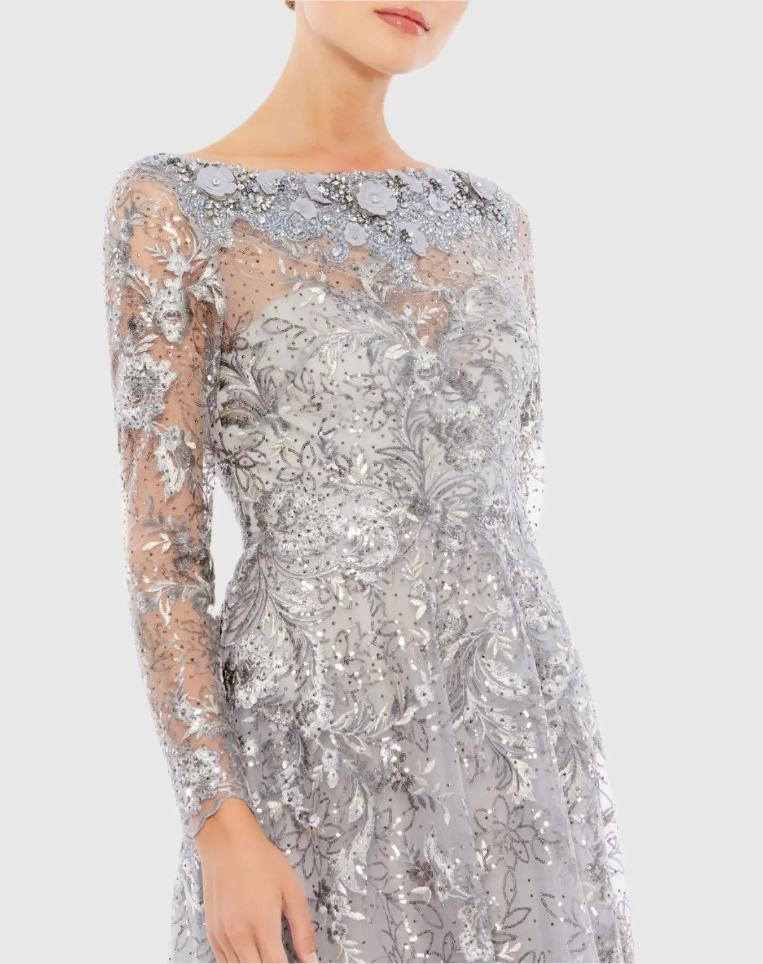 Gray Floral Embroidered Illusion Long Sleeve Gown - Mac Duggal