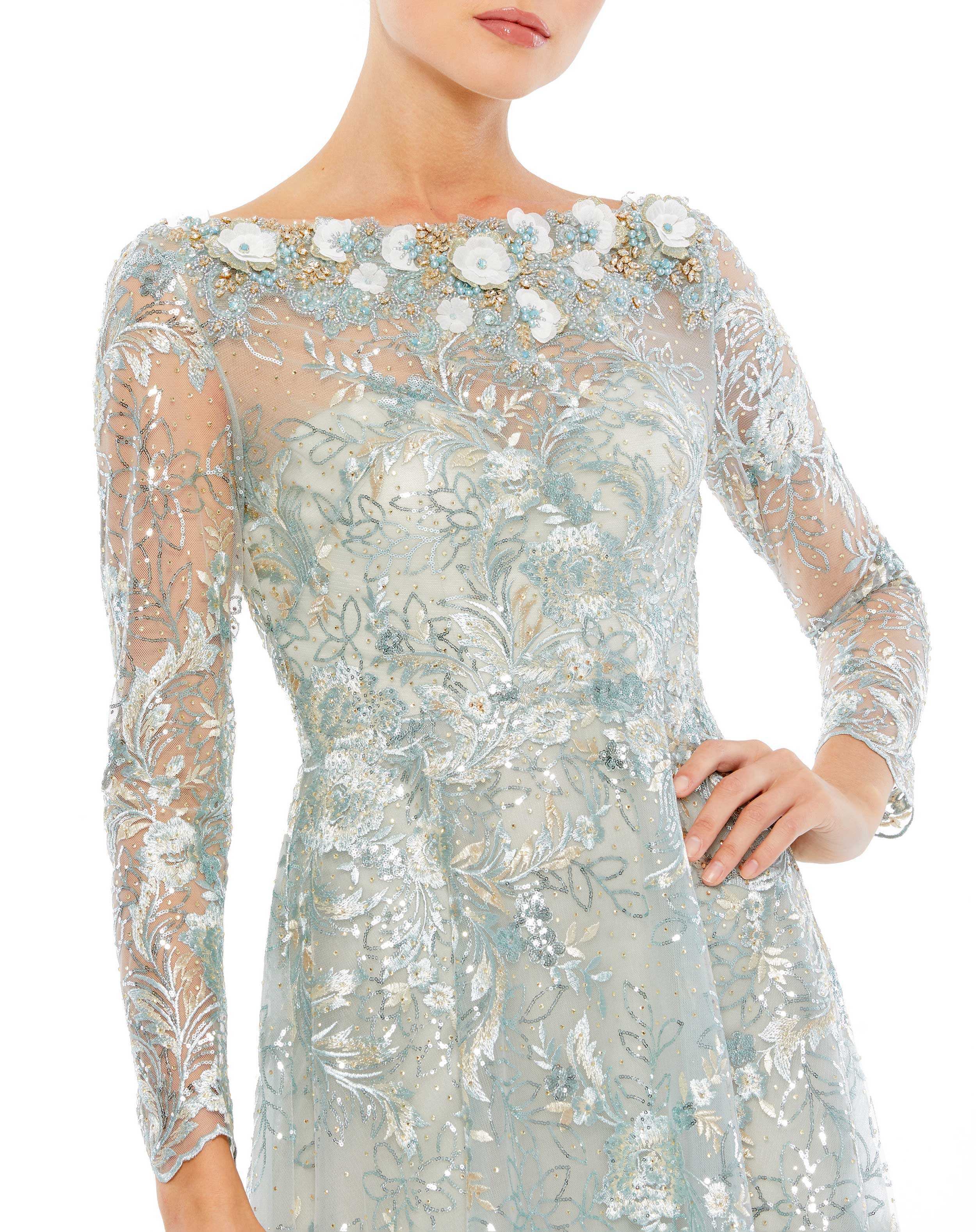 Floral Embroidered Illusion Long Sleeve Gown