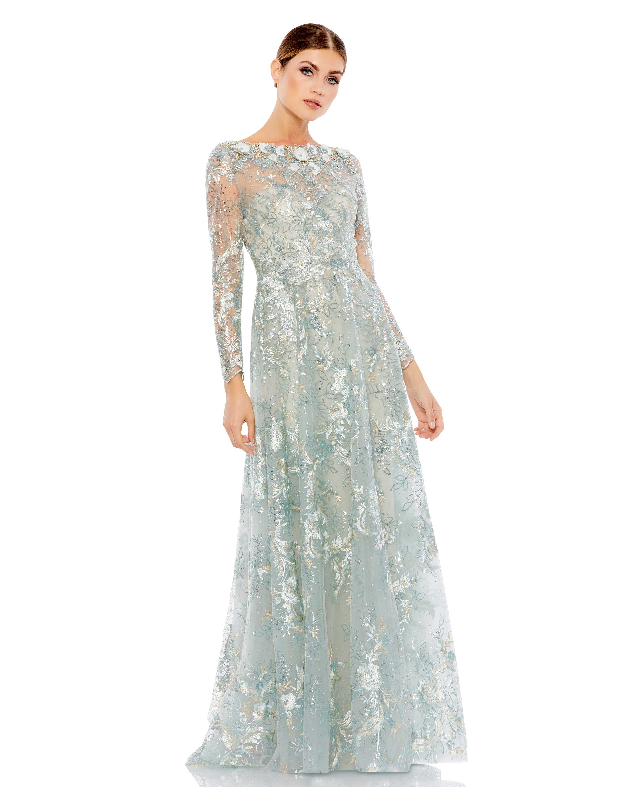 Floral Embroidered Illusion Long Sleeve Gown