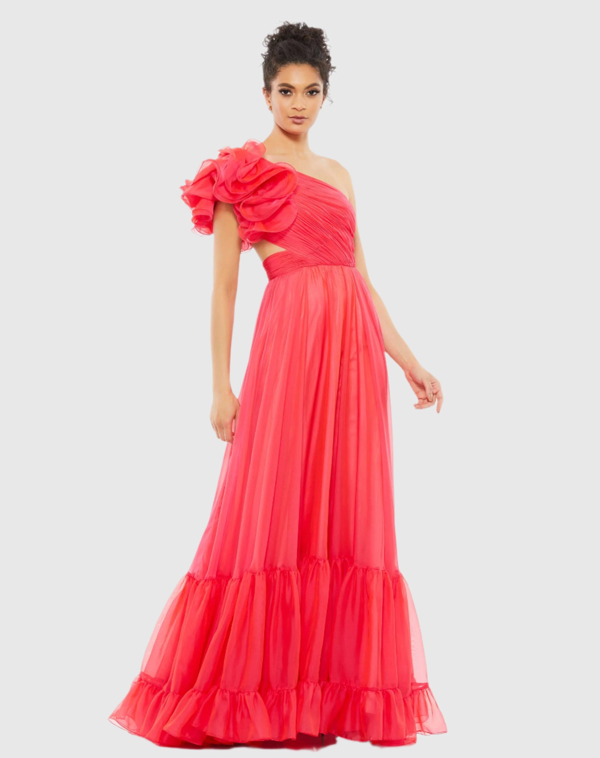 Ruffled One Shoulder Tiered Gown