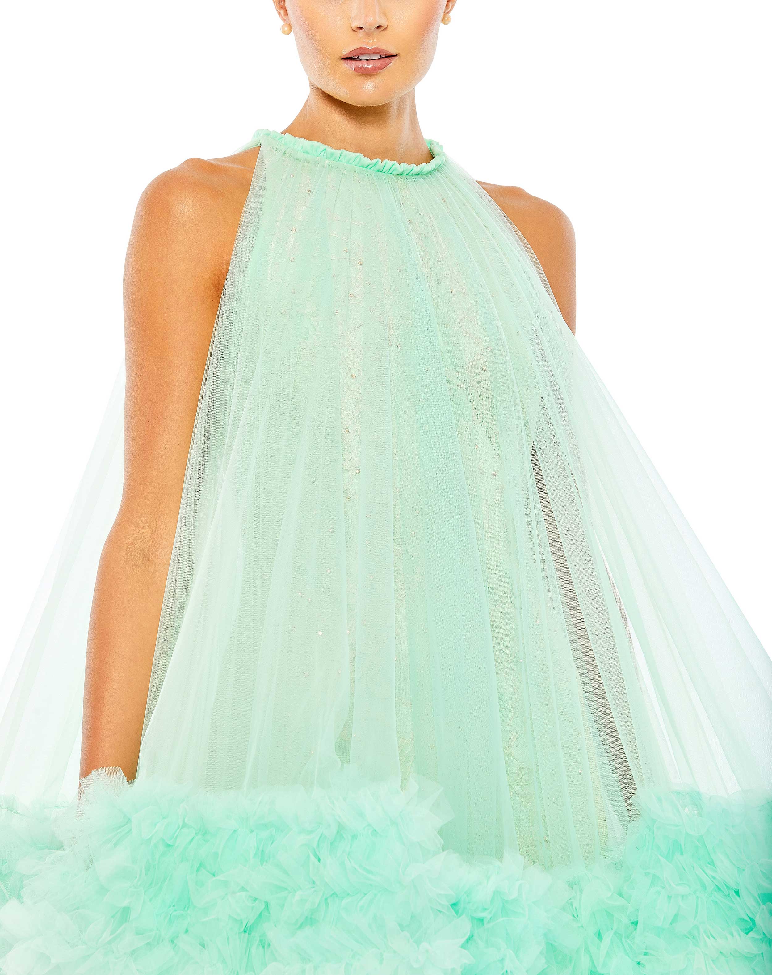 High Neck Gathered Tulle A-Line Swing Dress