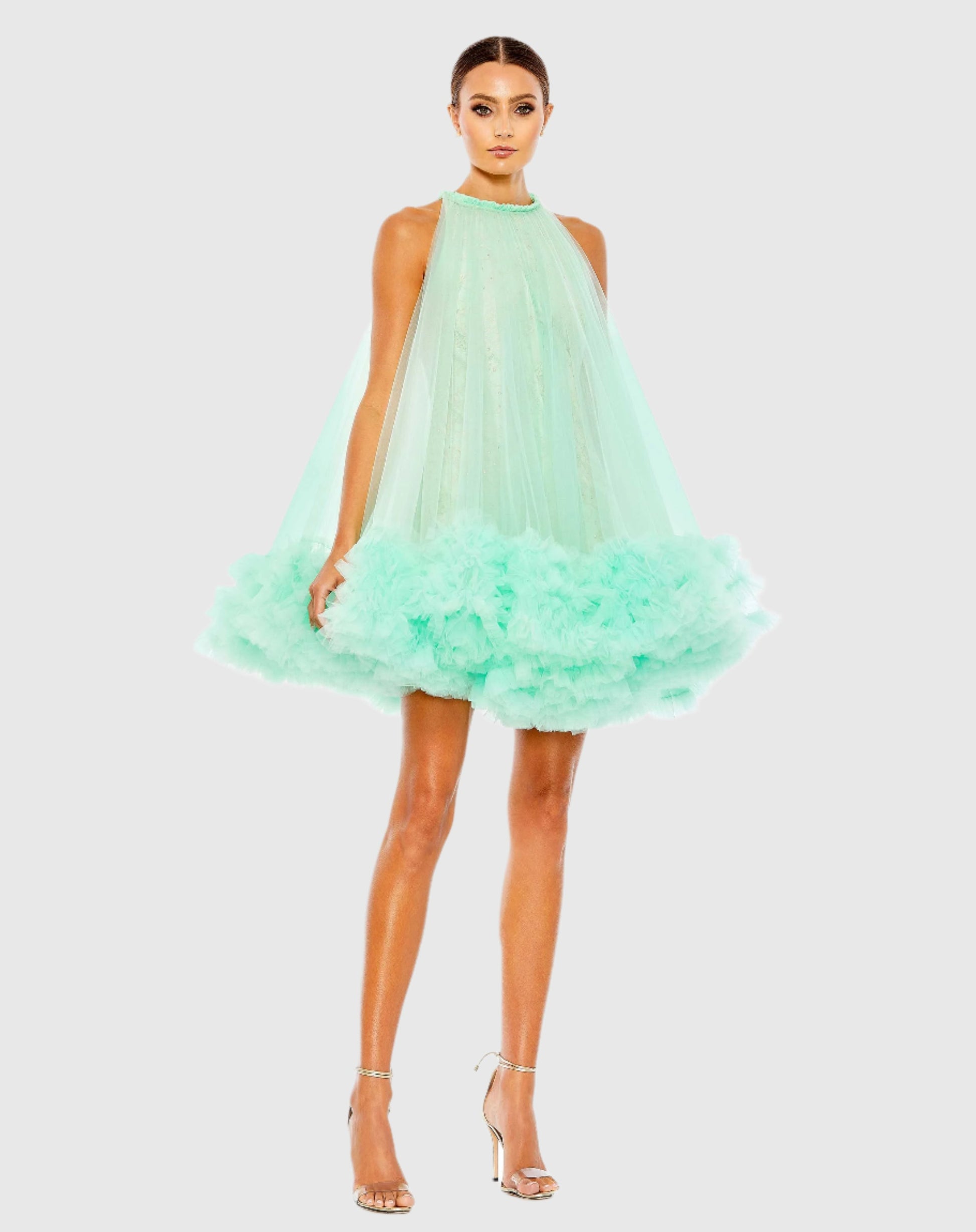 High Neck Gathered Tulle A-Line Swing Dress