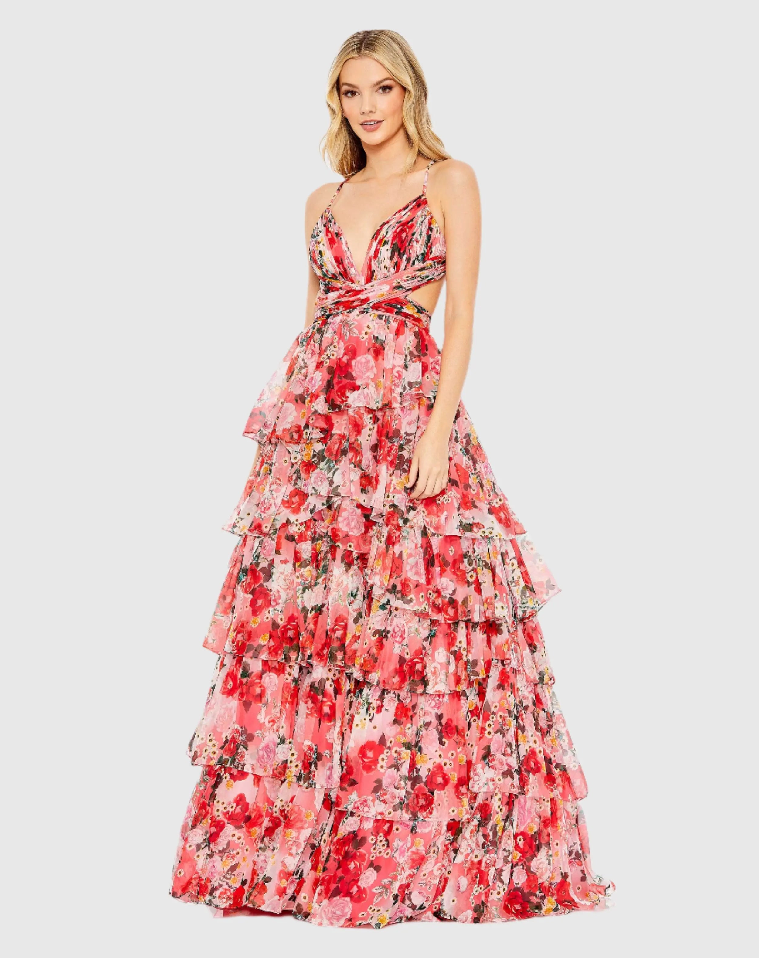 Red Pleated Chiffon Cut Out Ballgown - Mac Duggal