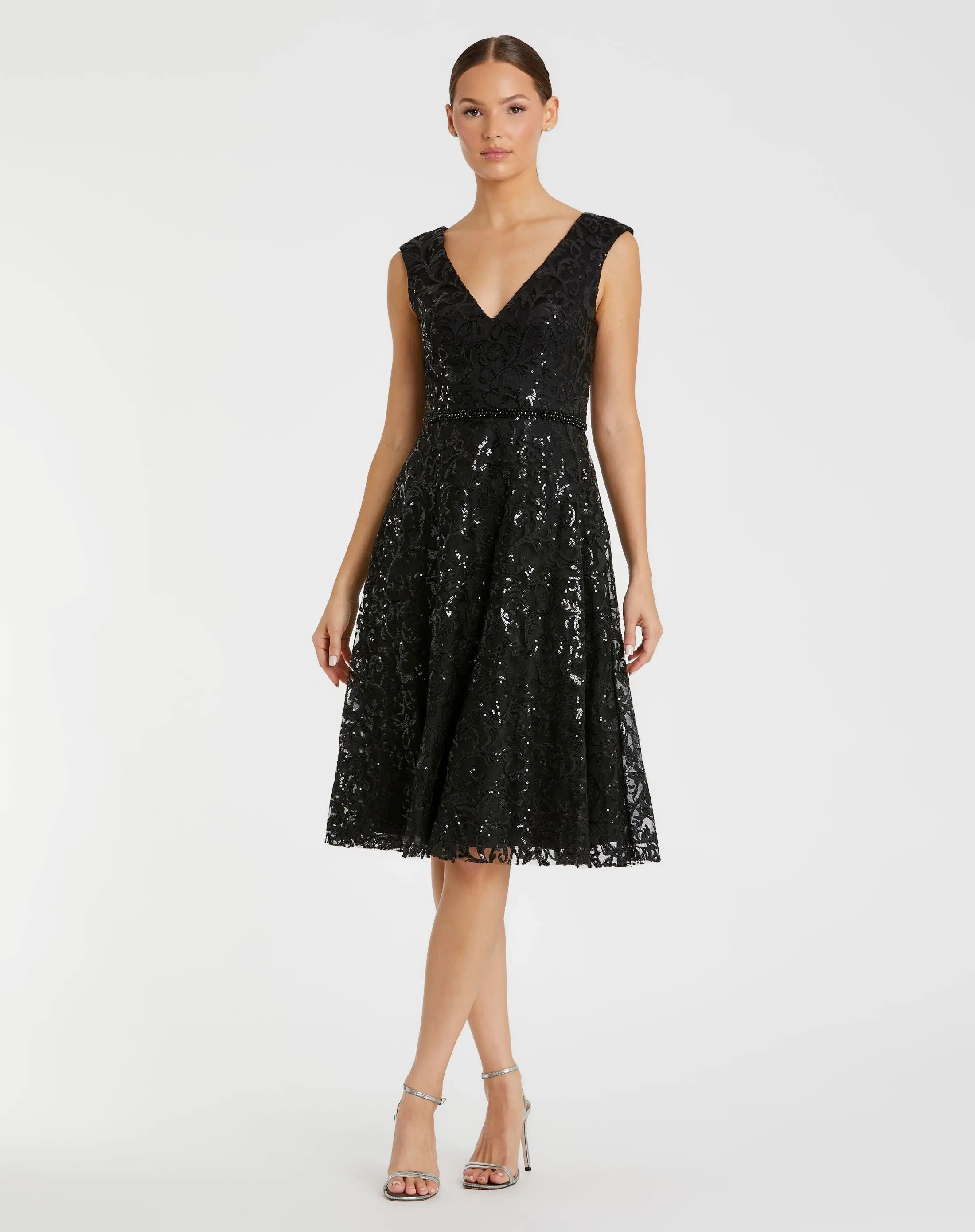 Black Sequined V Neck Cap Sleeve Dress - Mac Duggal