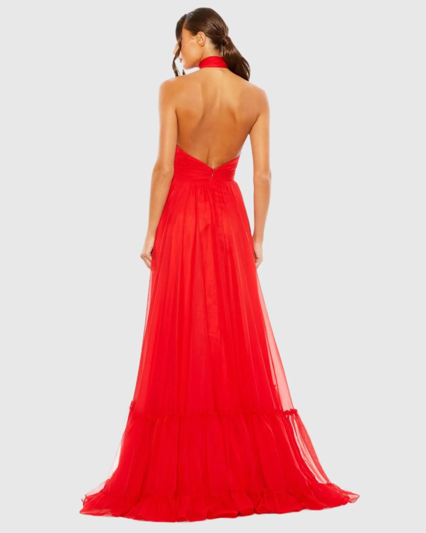 Asymmetrical Halter Neck Tiered A Line Gown - Mac Duggal