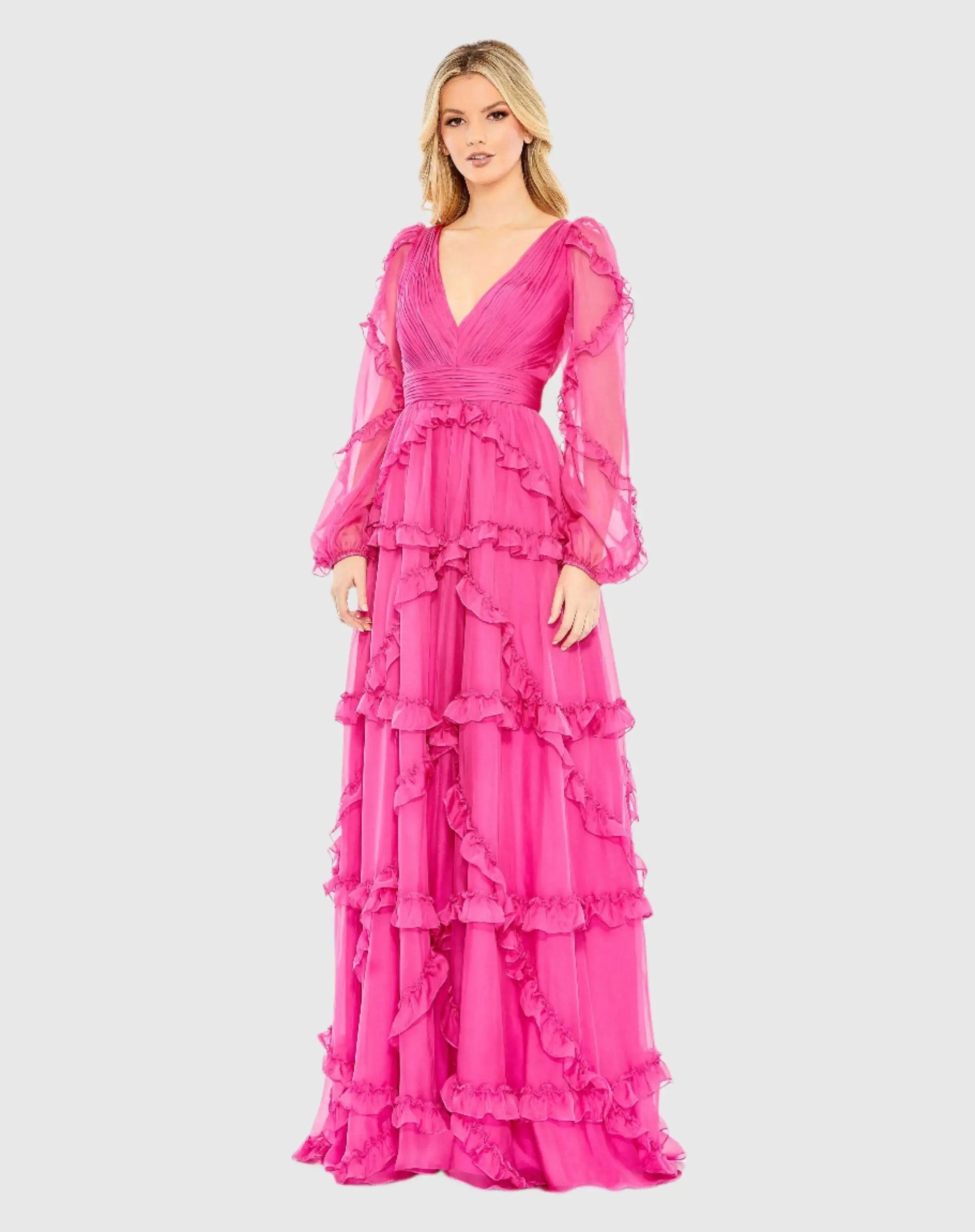 Pink Ruffle A-line Gown with Sheer Long Sleeves | Mac Duggal Pink Ruffle A-line Gown with Sheer Long Sleeves | Mac Duggal