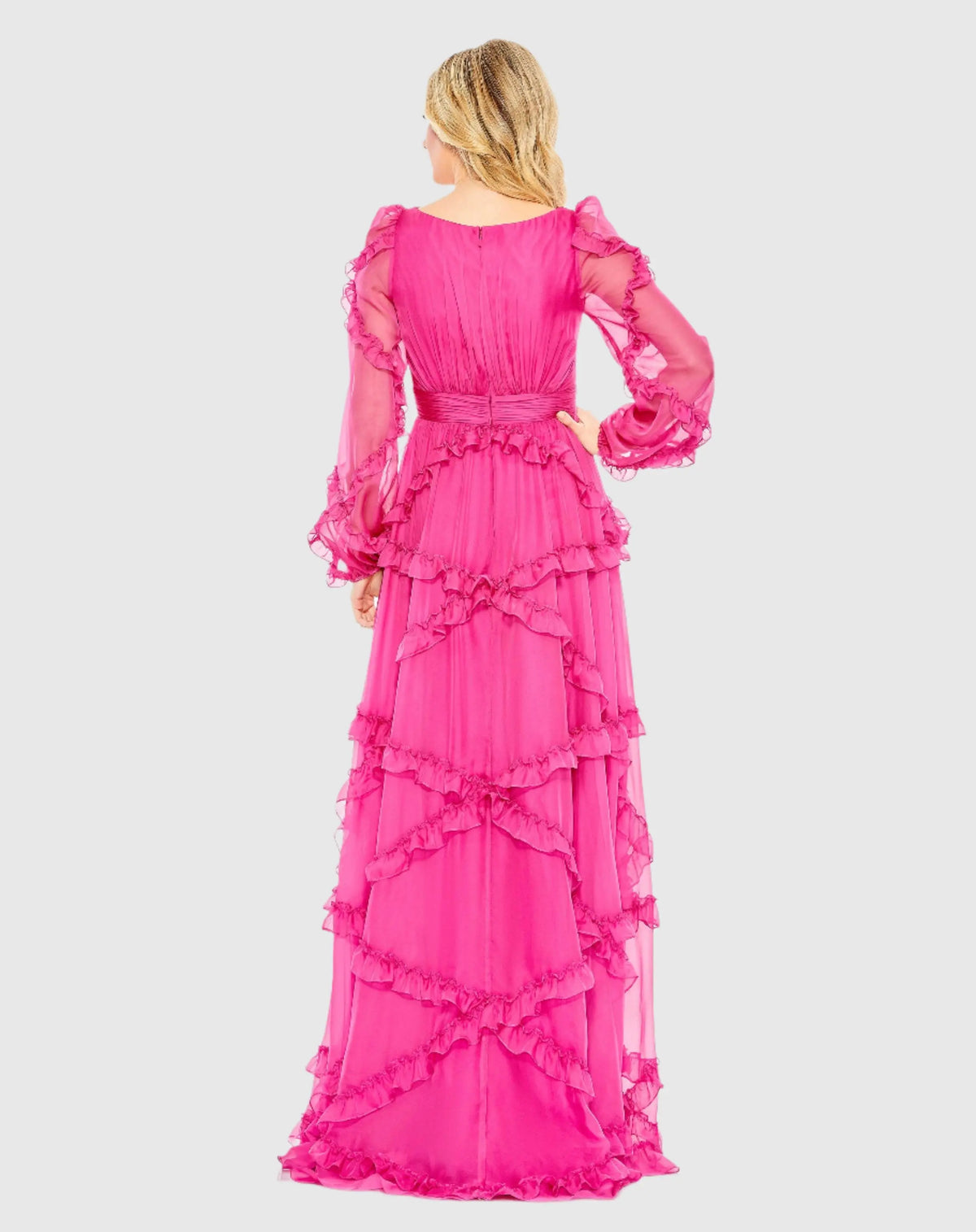 Pink Ruffle Gown Pink Ruffle A-line Gown with Sheer Long Sleeves | Mac Duggal