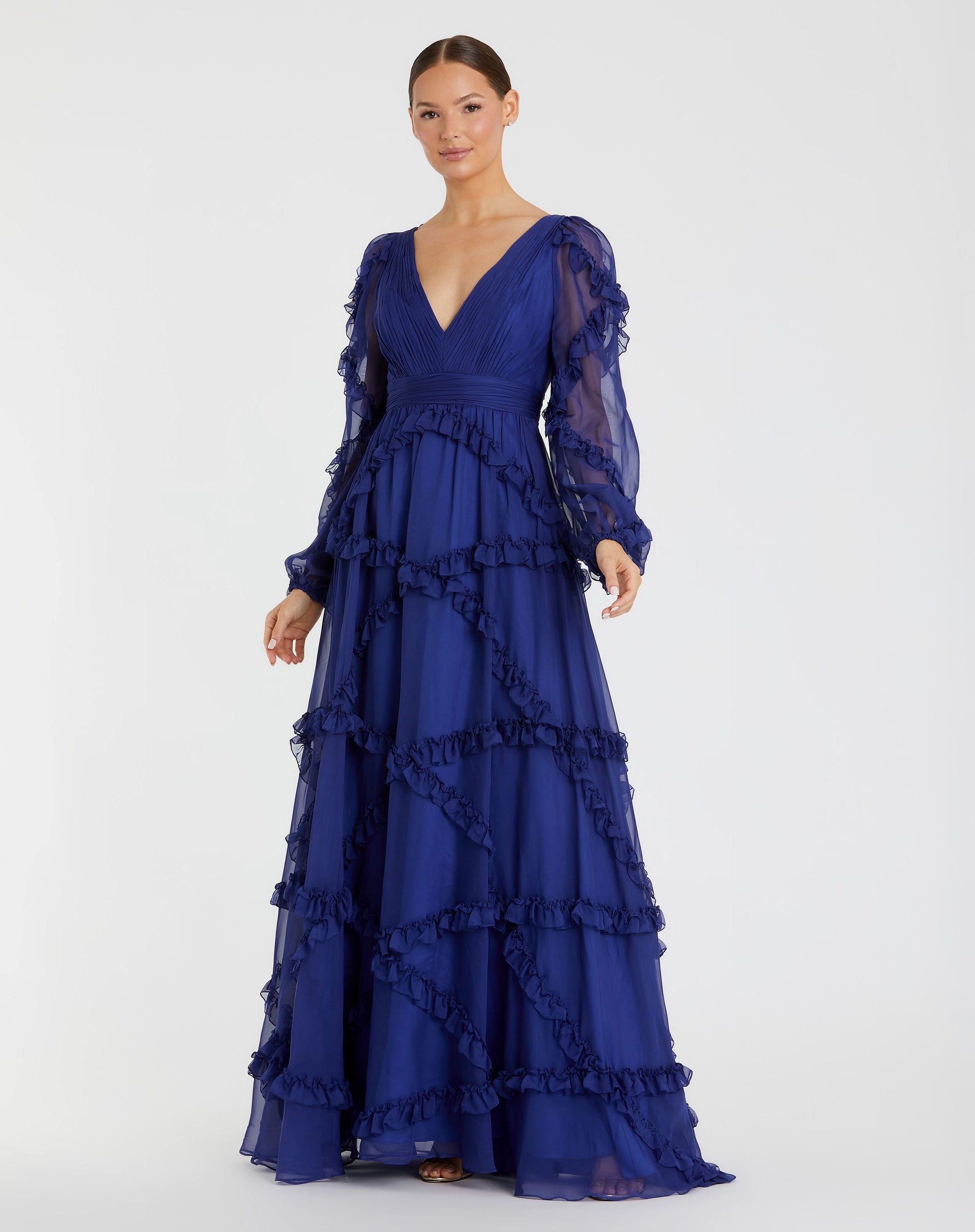 Cascade Ruffle Puff Sleeve A Line Gown