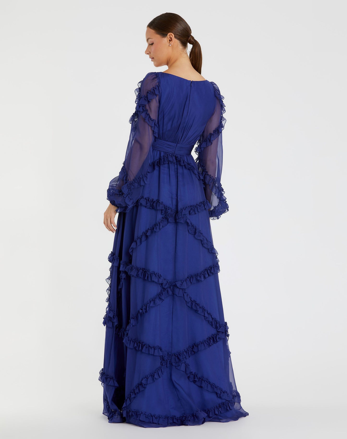 Cascade Ruffle Puff Sleeve A Line Gown