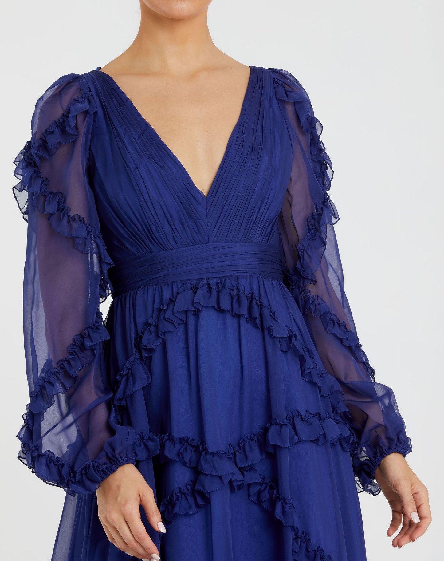 Cascade Ruffle Puff Sleeve A Line Gown