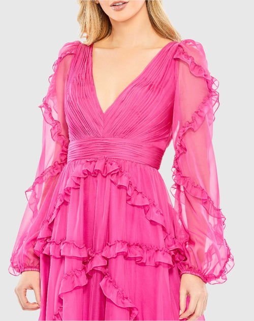 Pink Cascade Ruffle Puff Sleeve A Line Gown - Mac Duggal