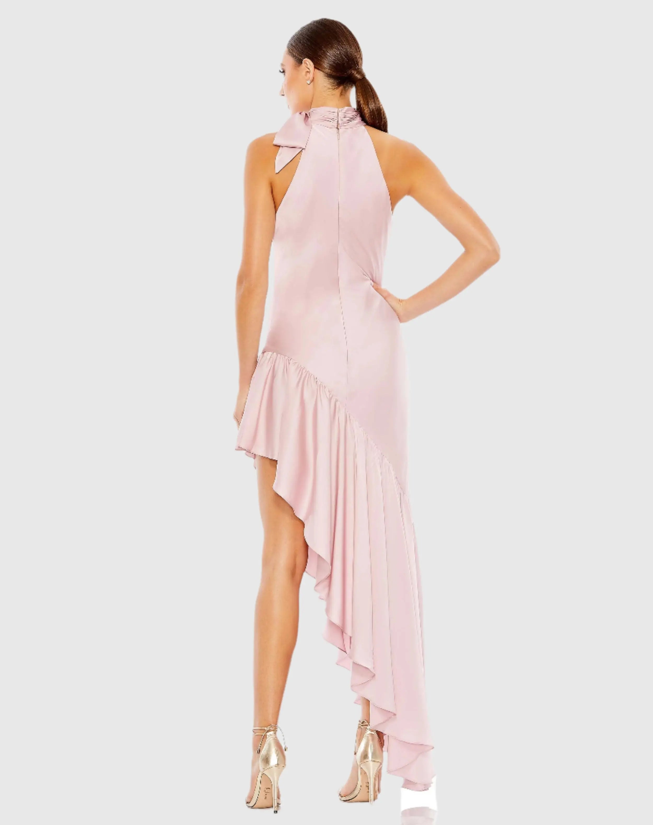 Pink Halter Neck Ruffled Asymmetrical Gown - Mac Duggal
