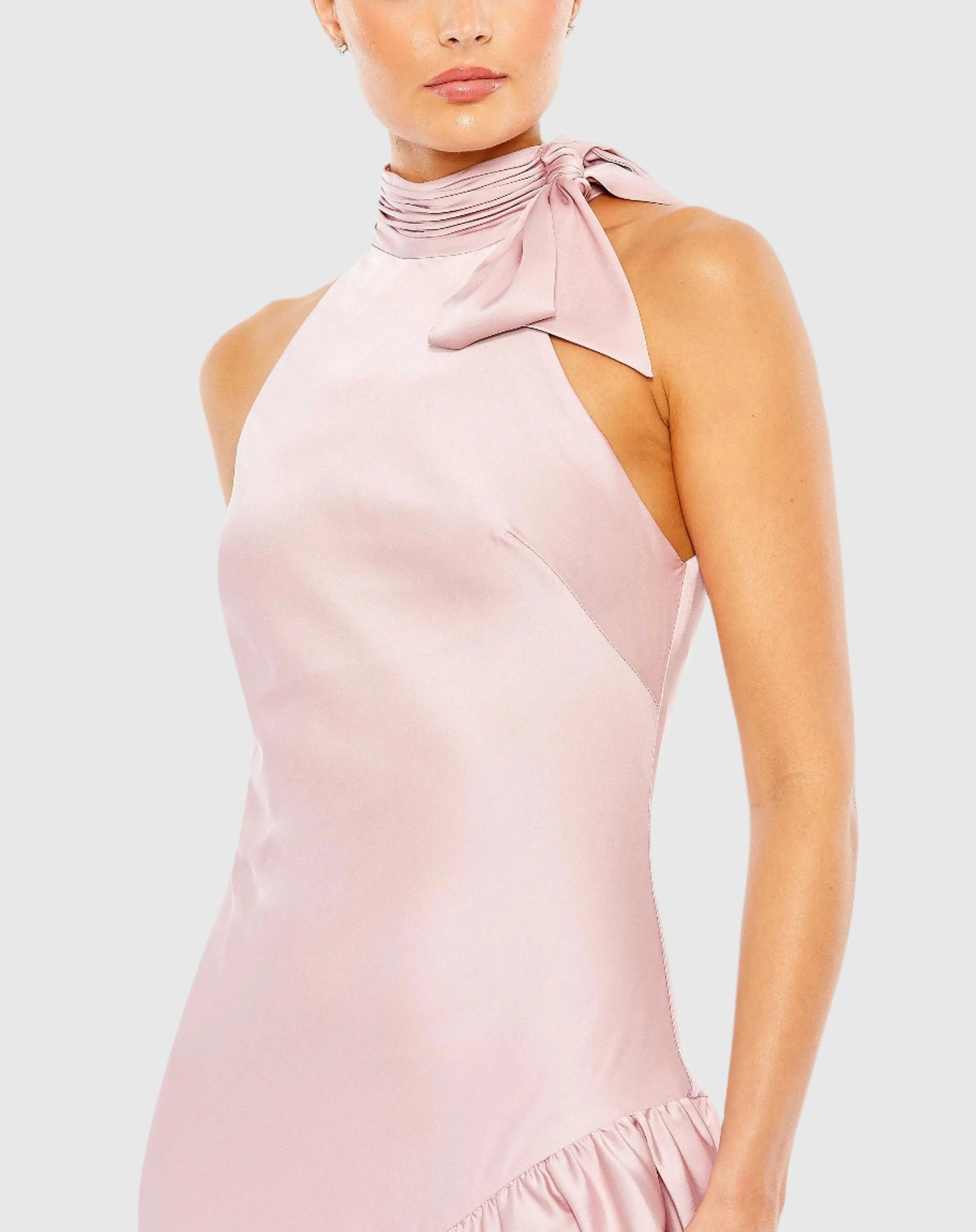 Pink Halter Neck Ruffled Asymmetrical Dress | Mac Duggal Pink Halter Neck Ruffled Asymmetrical Dress | Mac Duggal
