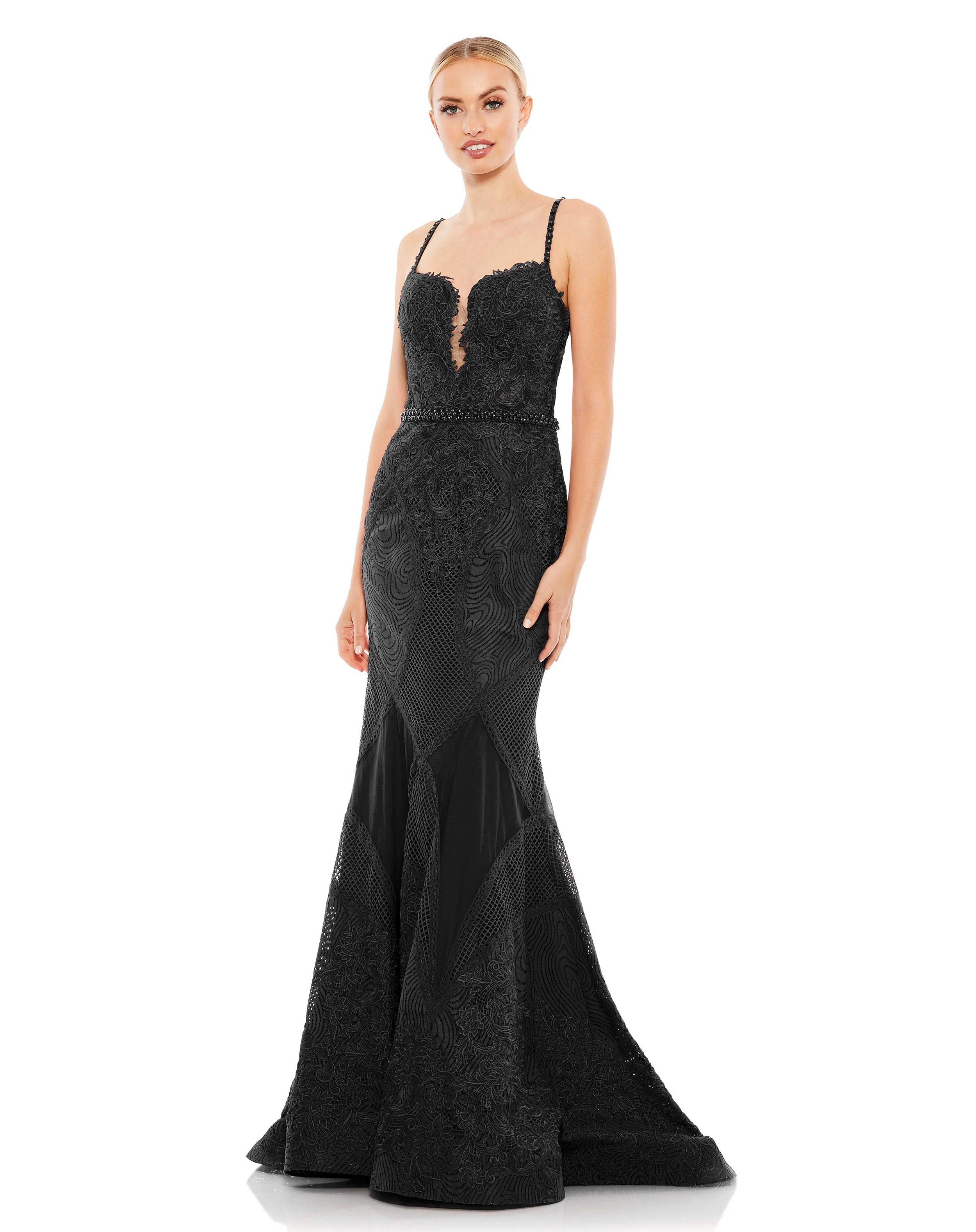 Embroidered Sleeveless Plunge Neck Trumept Gown