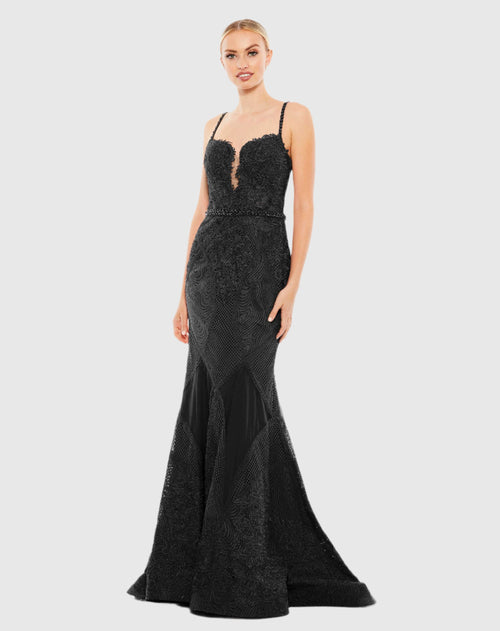 Embroidered Sleeveless Plunge Neck Trumept Gown