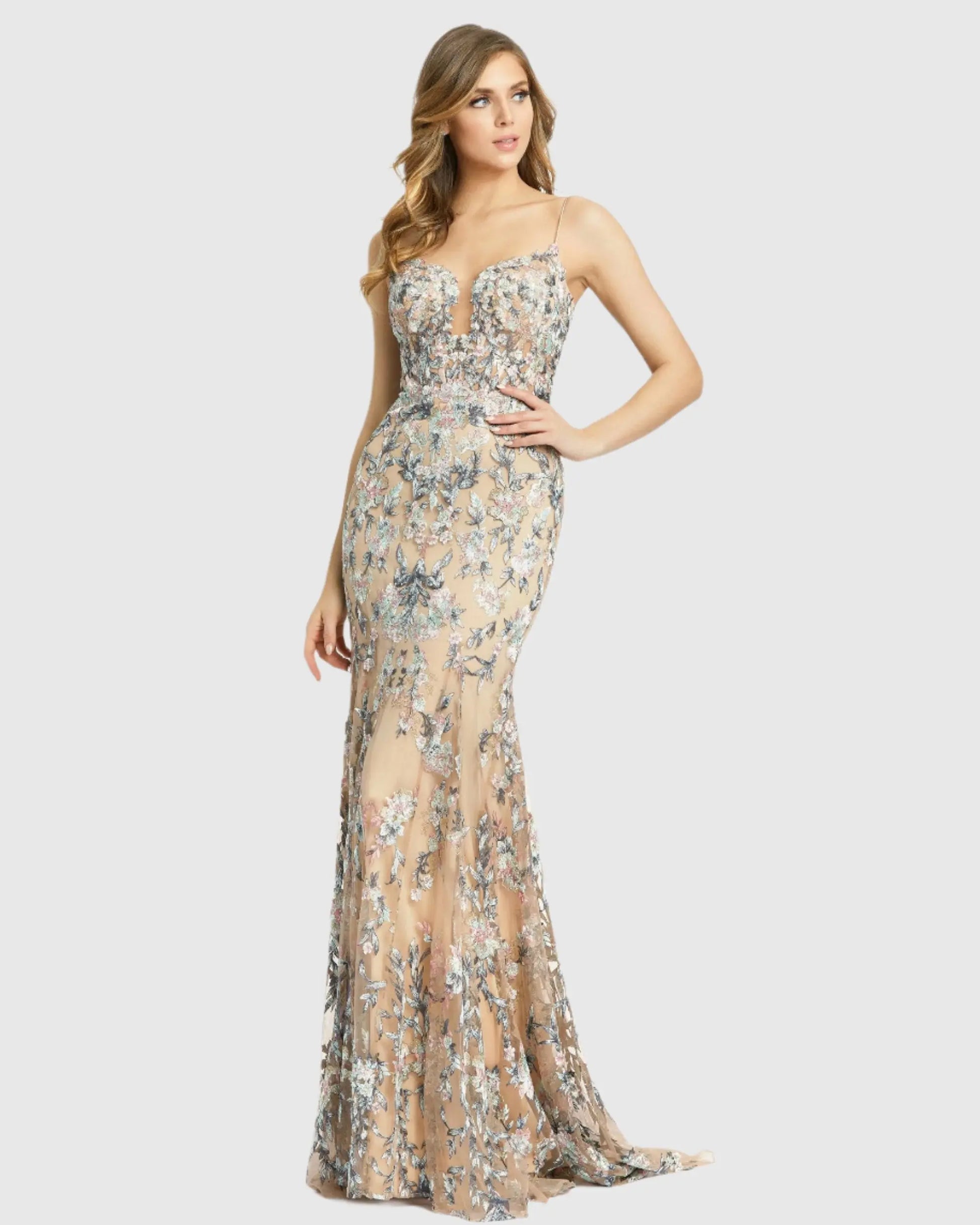 Embroidered Spaghetti Strap Trumpet Gown - Mac Duggal
