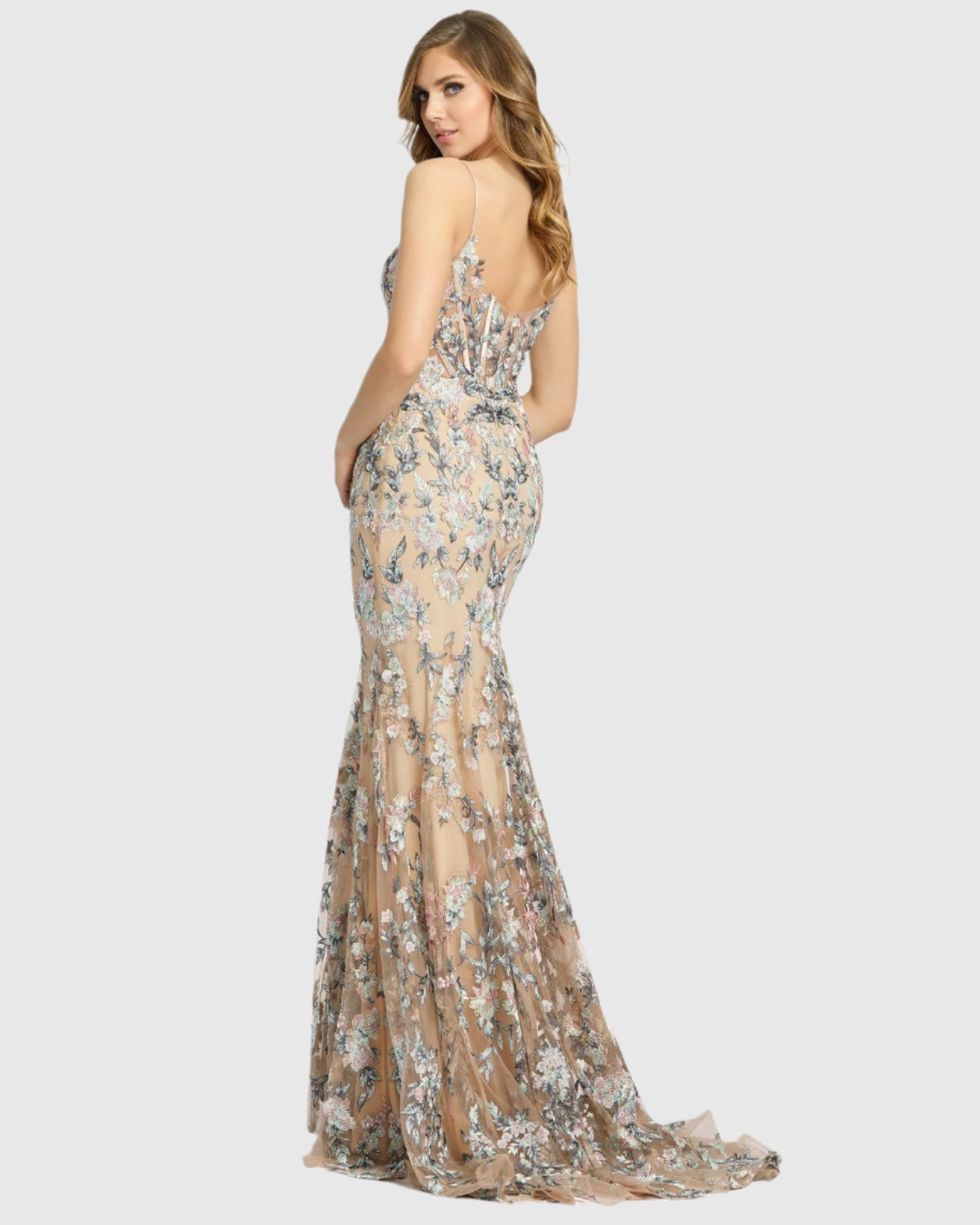 Embroidered Spaghetti Strap Trumpet Gown