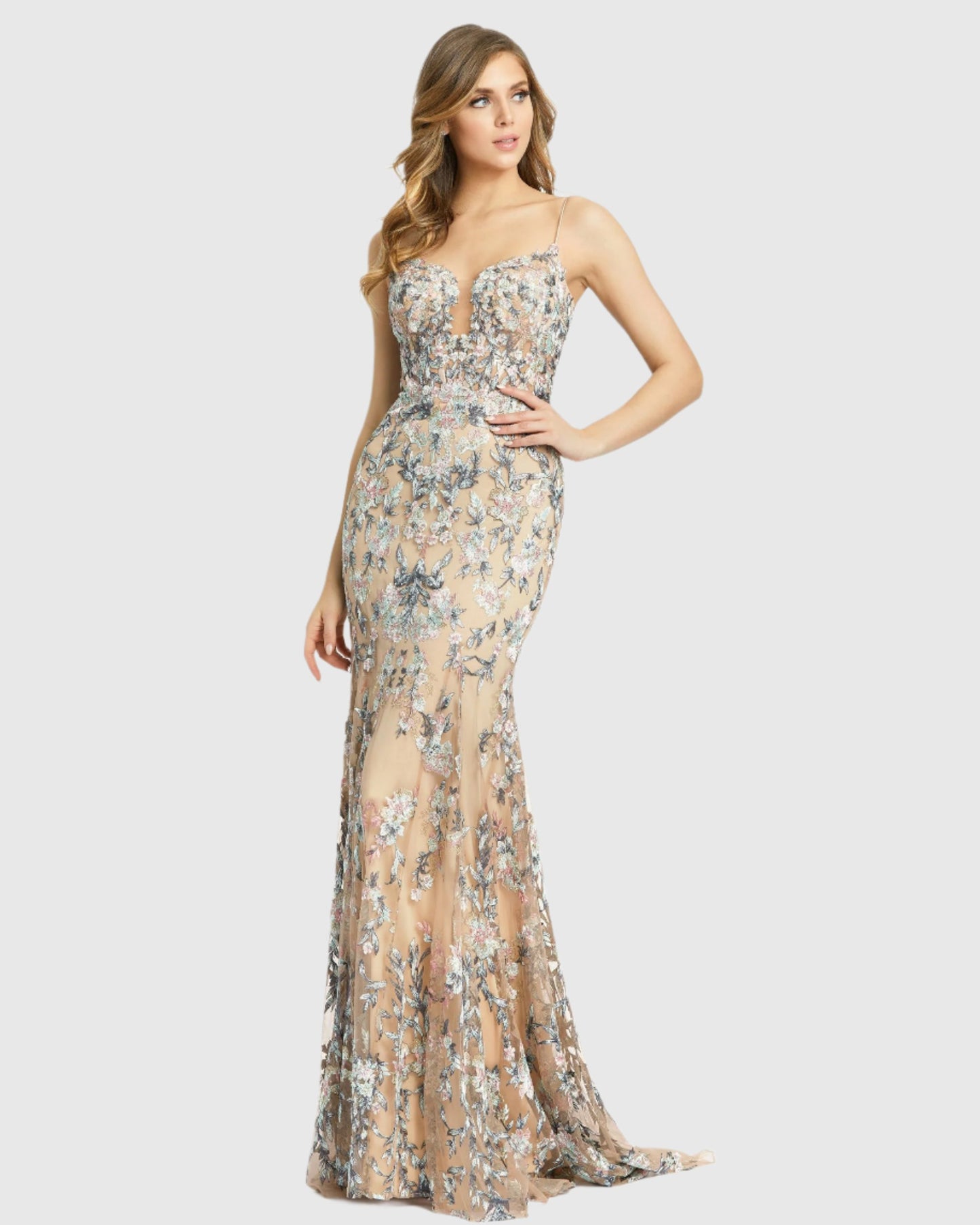 Embroidered Spaghetti Strap Trumpet Gown