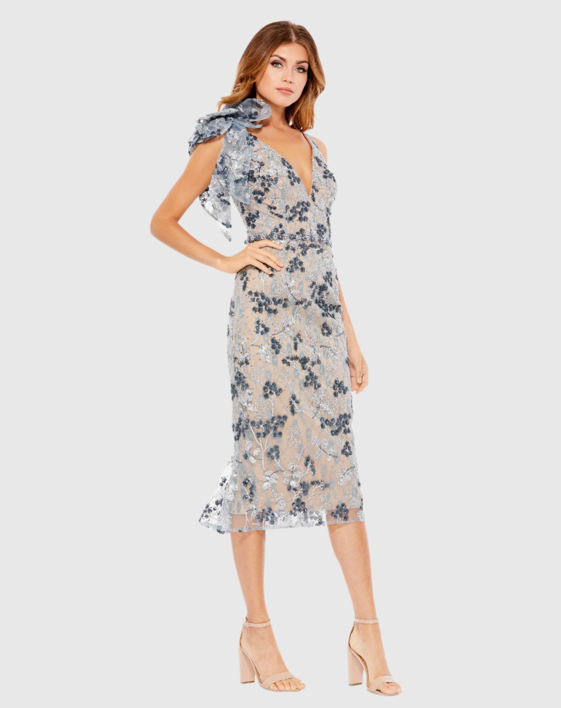 Floral Embellished V-neck Midi Dress with Shoulder Bow