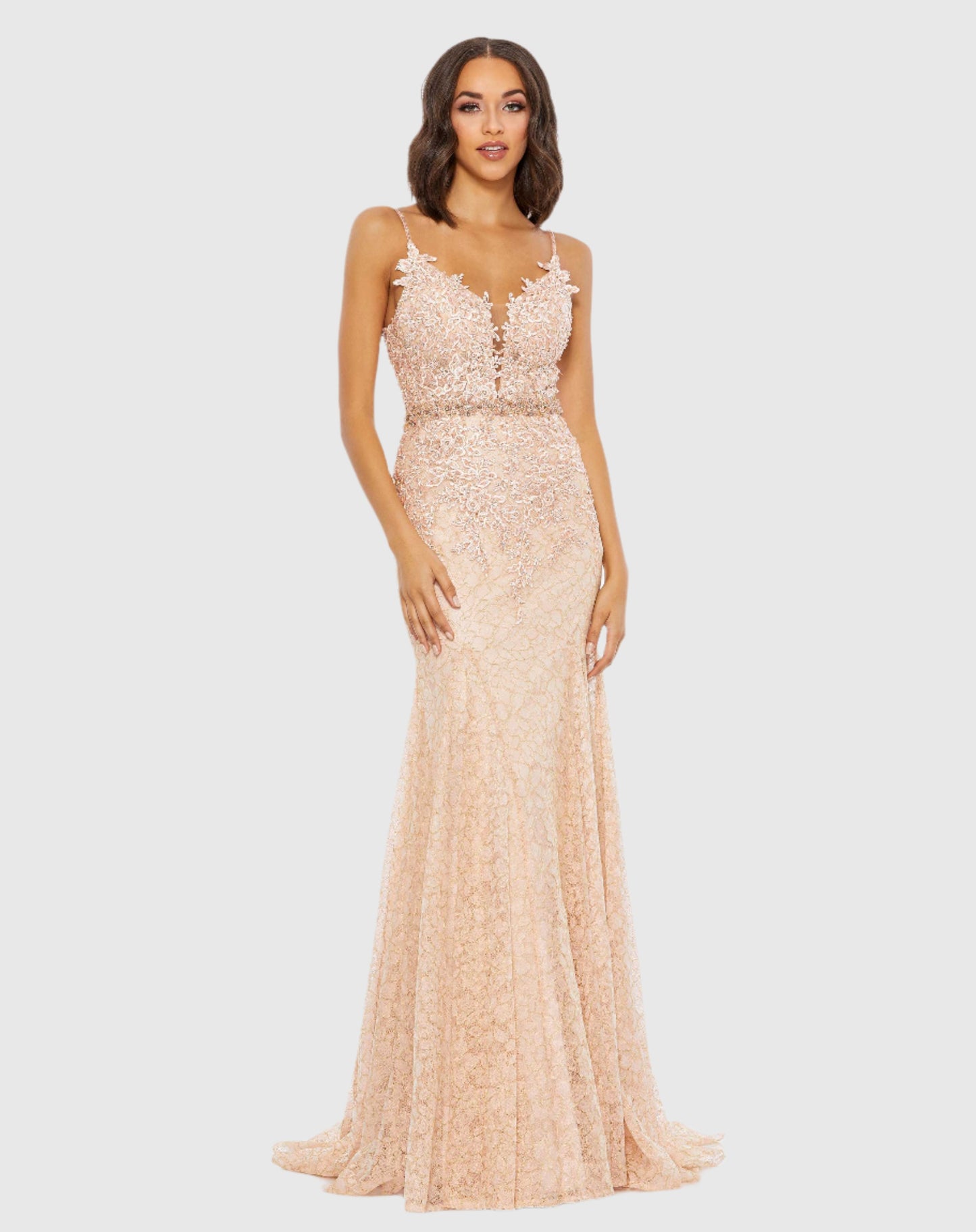 Pink Applique Sleeveless Plunge Neck Trumpet Gown - Mac Duggal