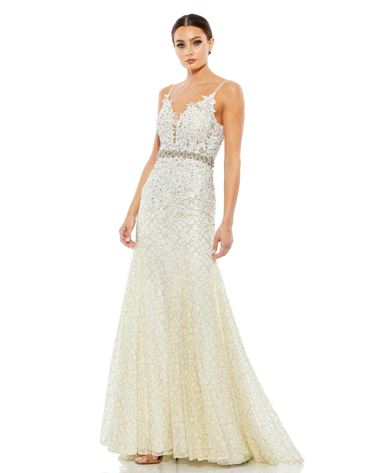 White Applique Sleeveless Plunge Neck Trumpet Gown - Mac Duggal