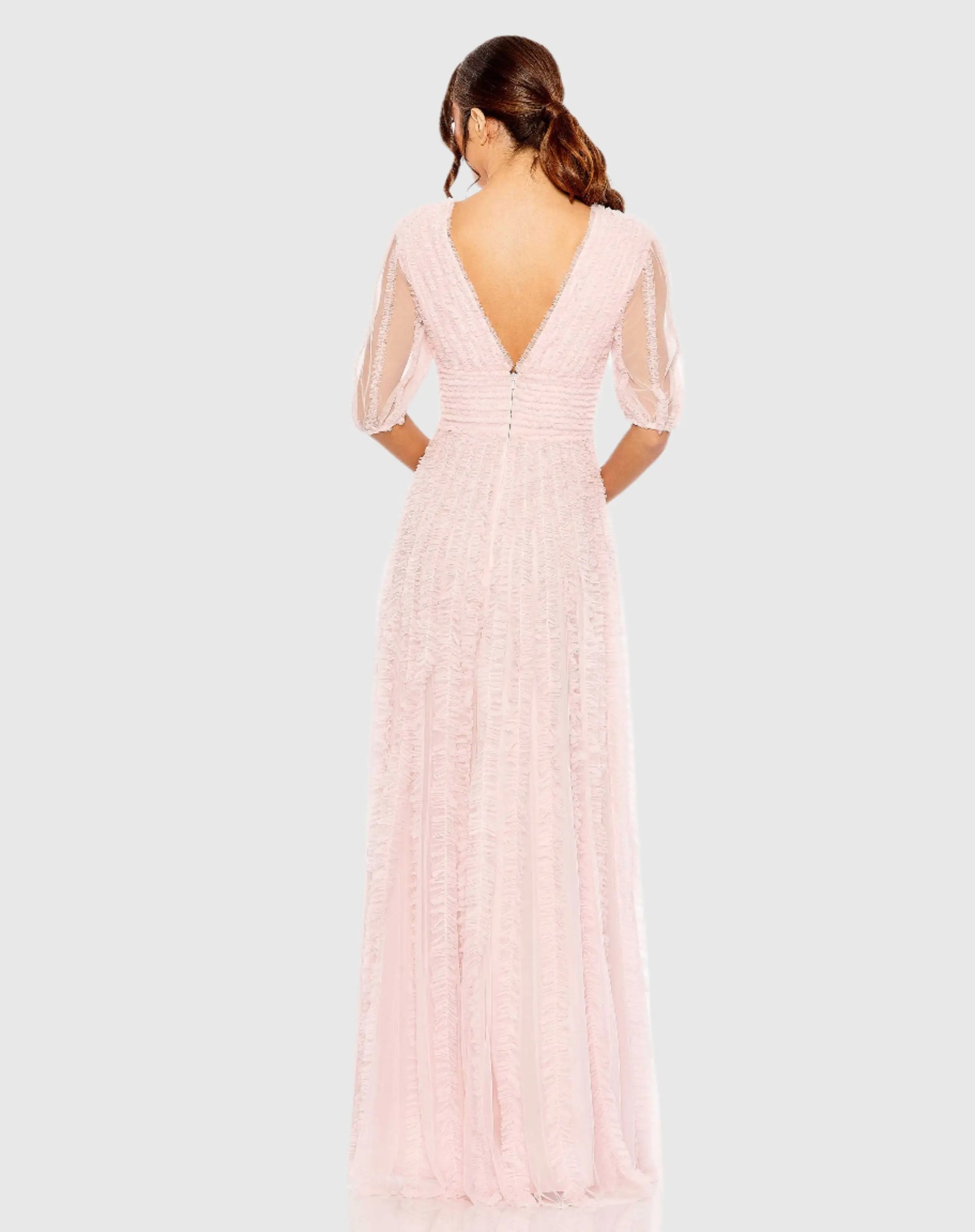 V Neck Puff Sleeve Ruffle Tiered A Line Gown - Mac Duggal V Neck Puff Sleeve Ruffle Tiered A Line Gown - Mac Duggal