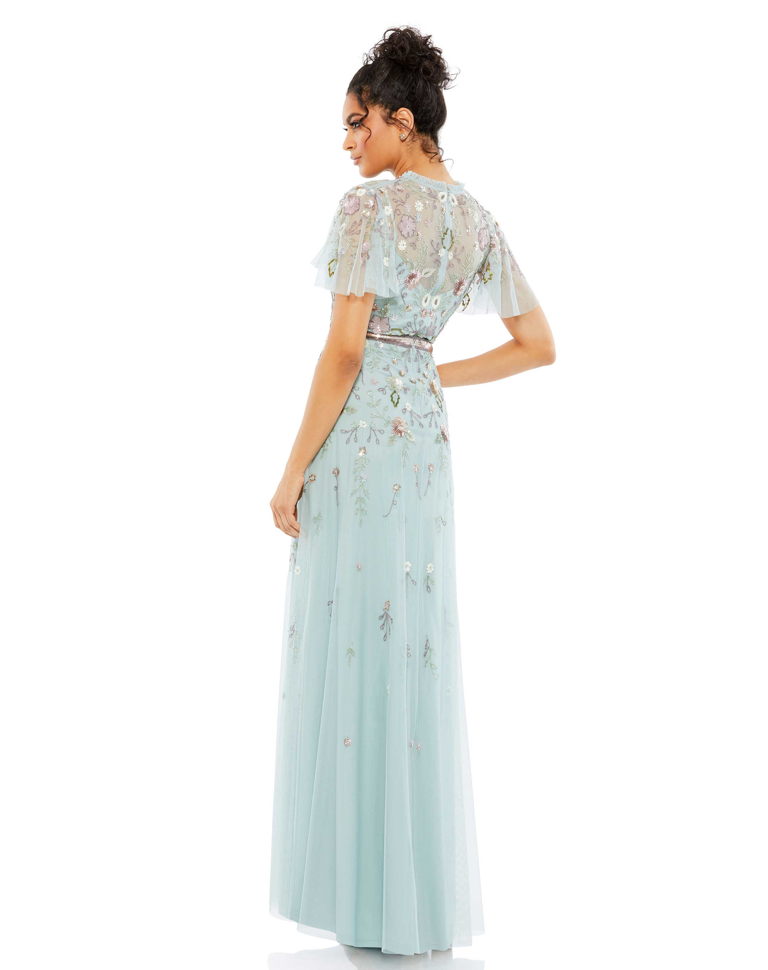 Embellished High Neck Butterfly Sleeve Gown
