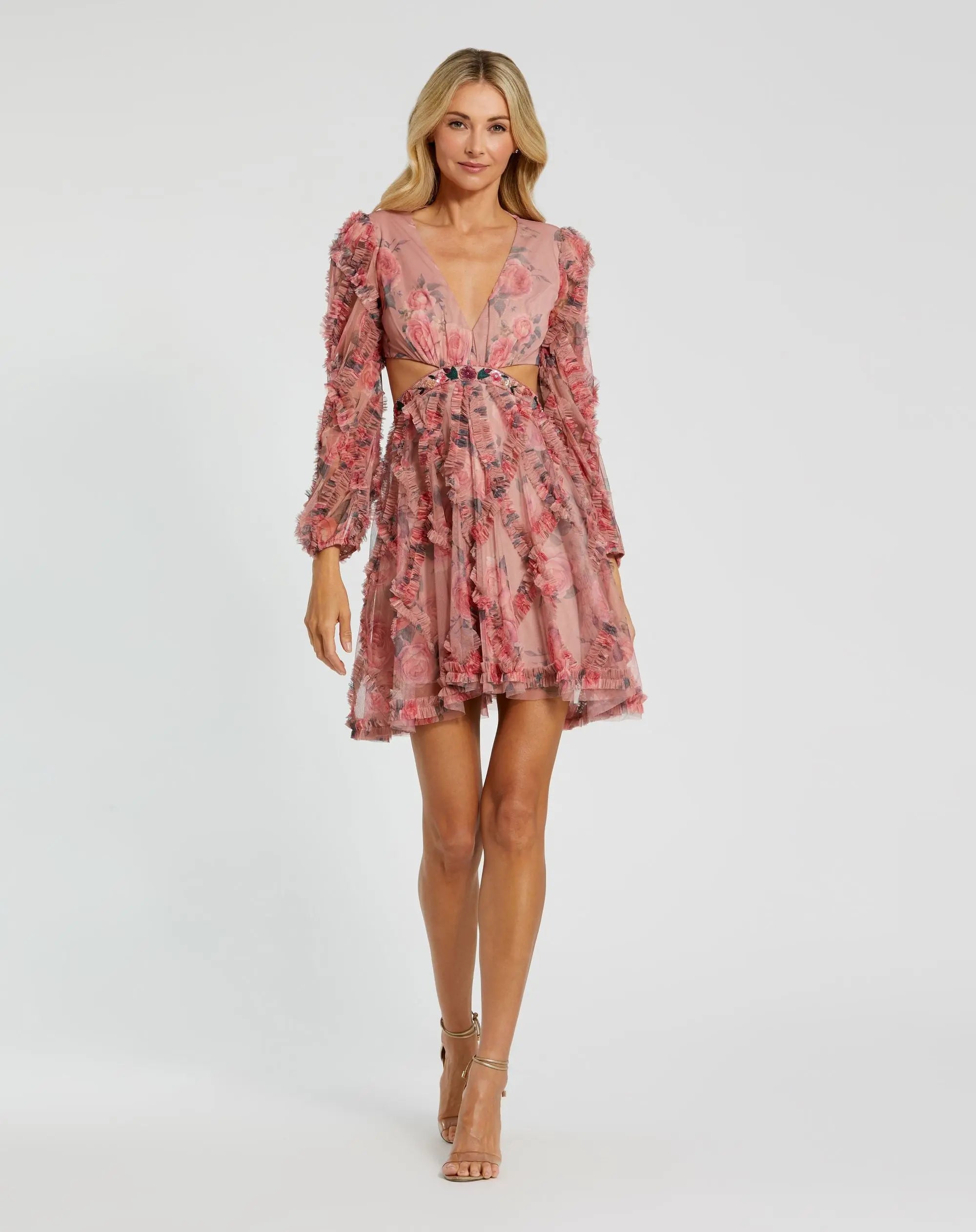 Pink Long Sleeve V Neck Cut Out Mesh Mini Dress Ieena for Mac Duggal