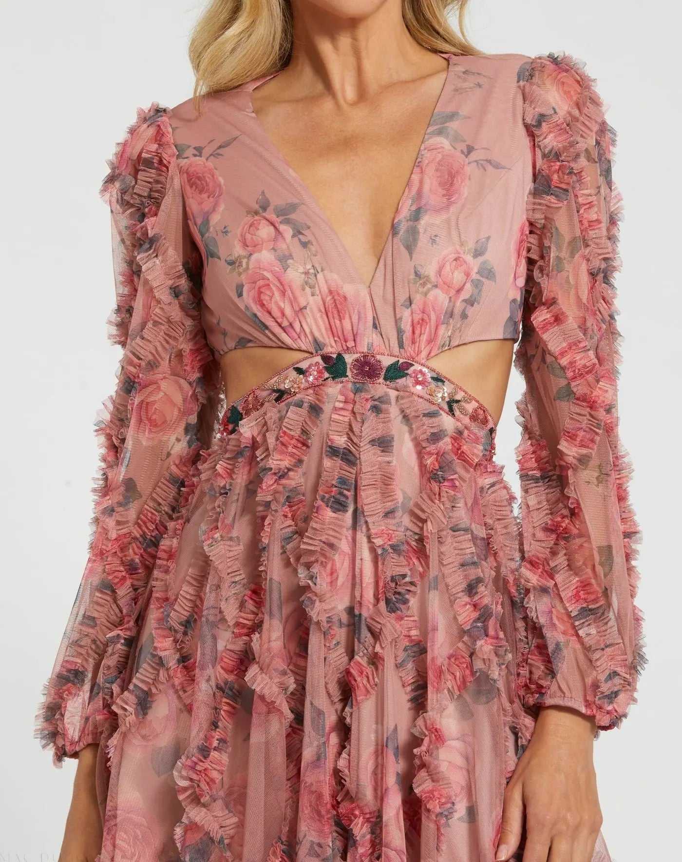 Pink Long Sleeve V Neck Cut Out Mesh Mini Dress Ieena for Mac Duggal