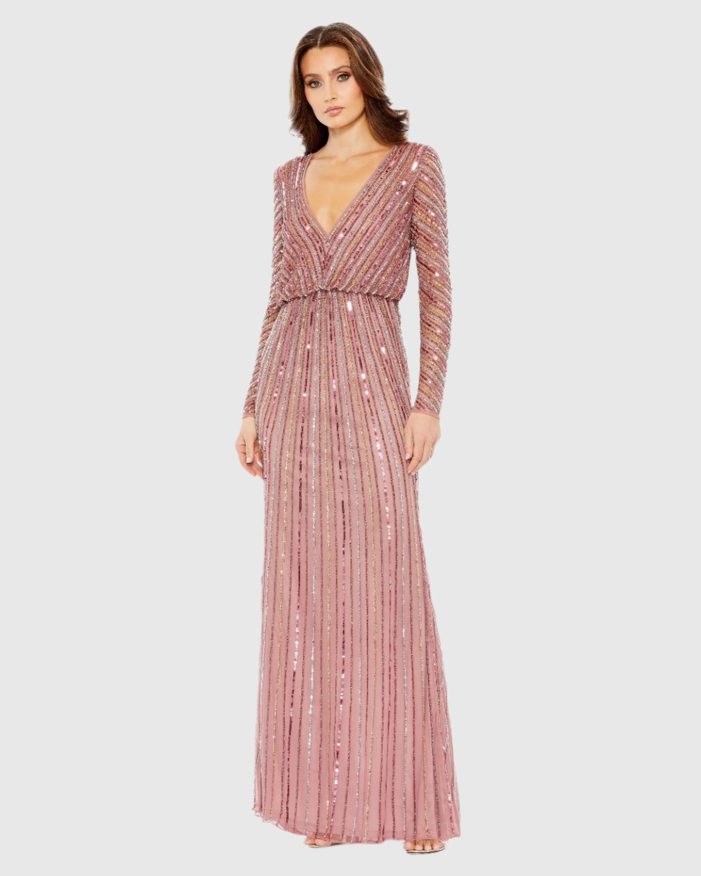 Sequined V Neck Long Sleeve Column Gown