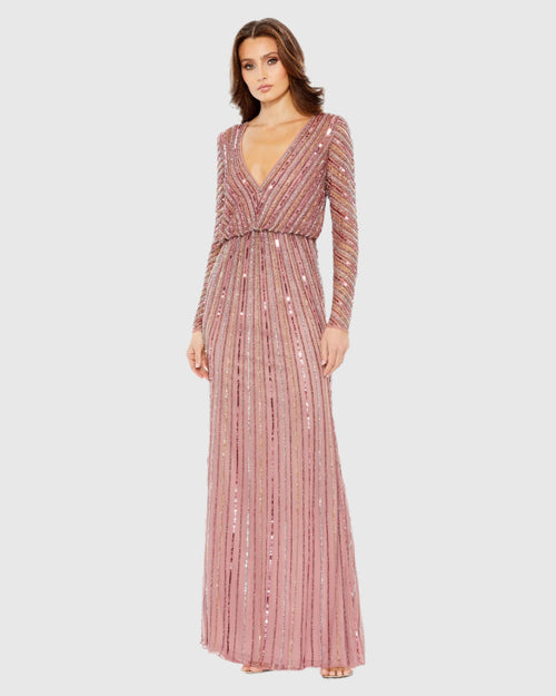 Sequined V Neck Long Sleeve Column Gown