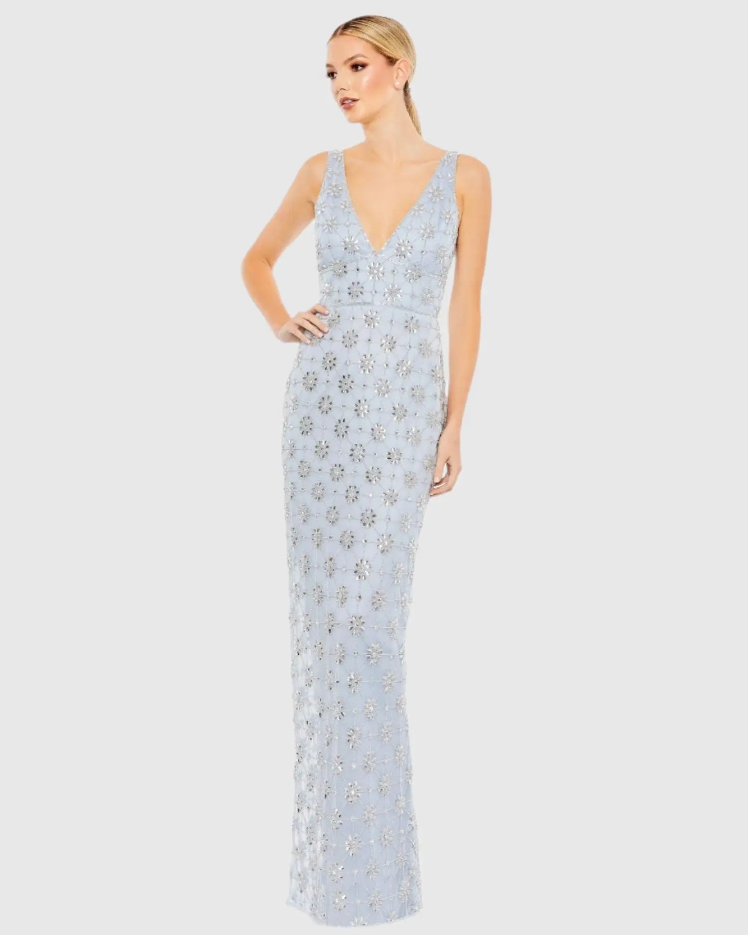 Blue Embellished Sleeveless V Neck Gown - Mac Duggal