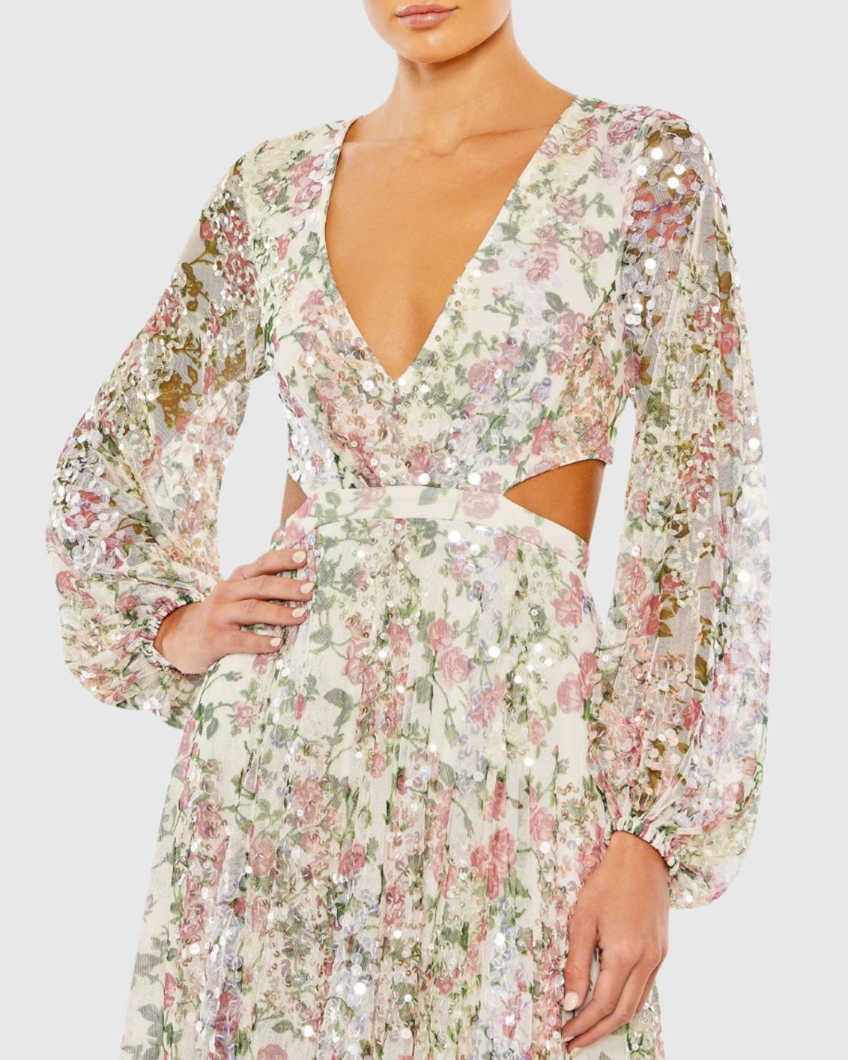 Vestido de renda com estampa floral e lantejoulas