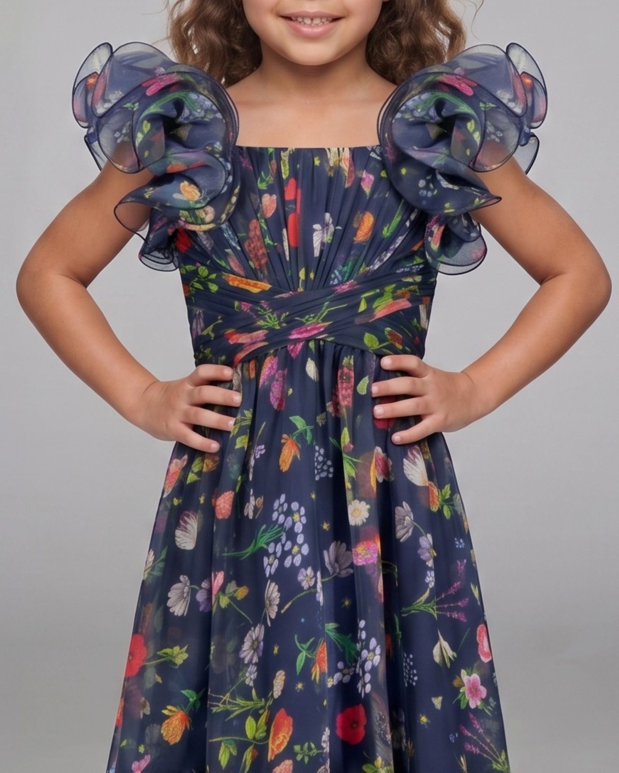 Girls Navy Floral Chiffon Ruffle Shoulder Dress Mac Duggal