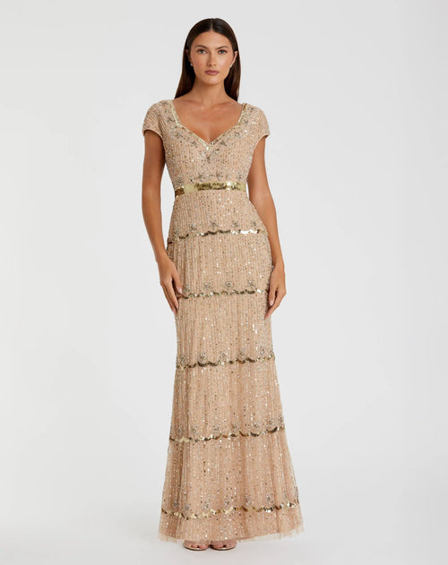 Beige Cap Sleeve Sweetheart Neckline Beaded Sequin Column Gown - Mac Duggal