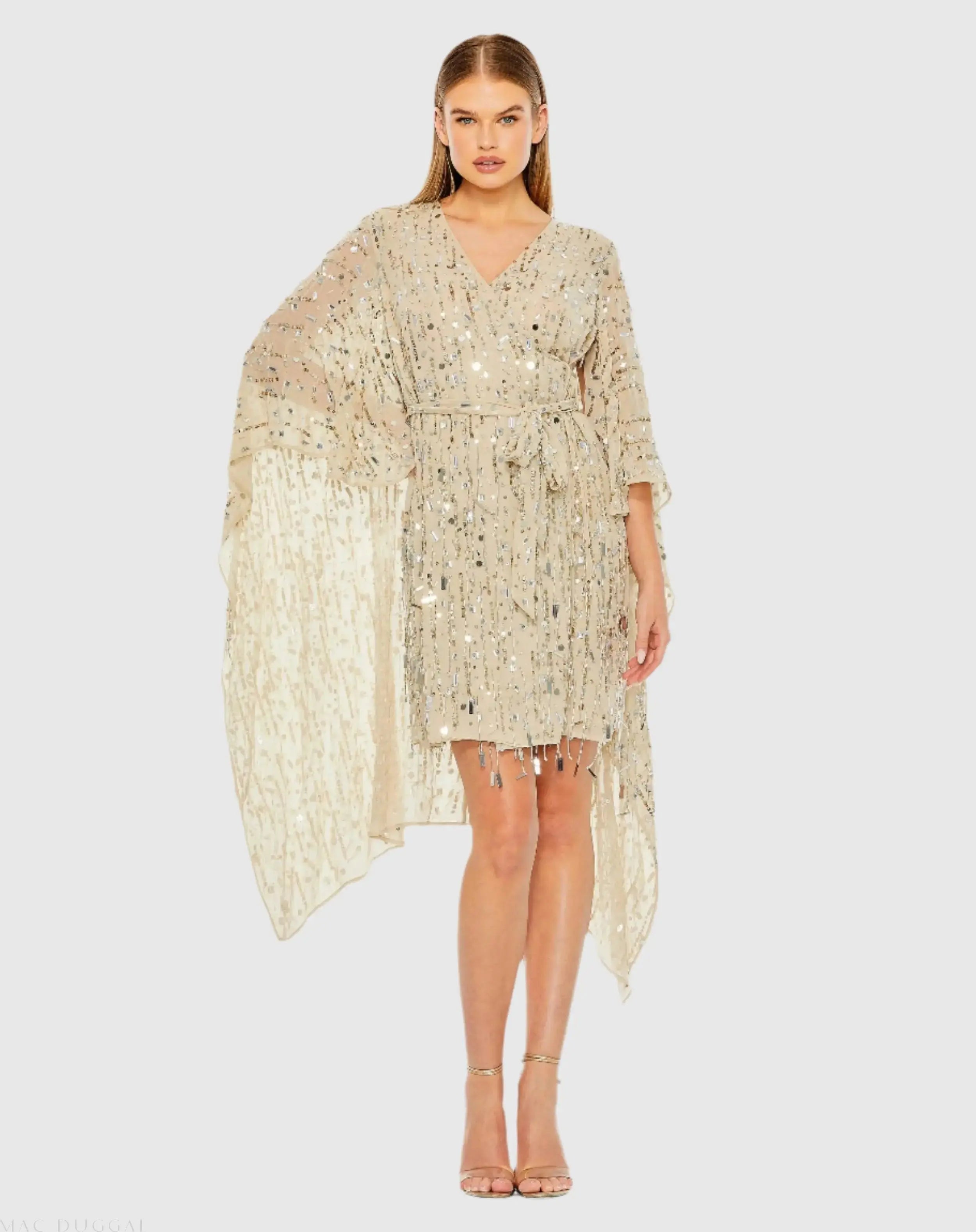 Beaked Robe Cape Back Fringe Beaded Robe Dress - Mac Duggal