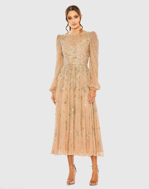Beige Floral Embellished High Neck Puff Long Sleeve A Line Midi Dress - Mac Duggal