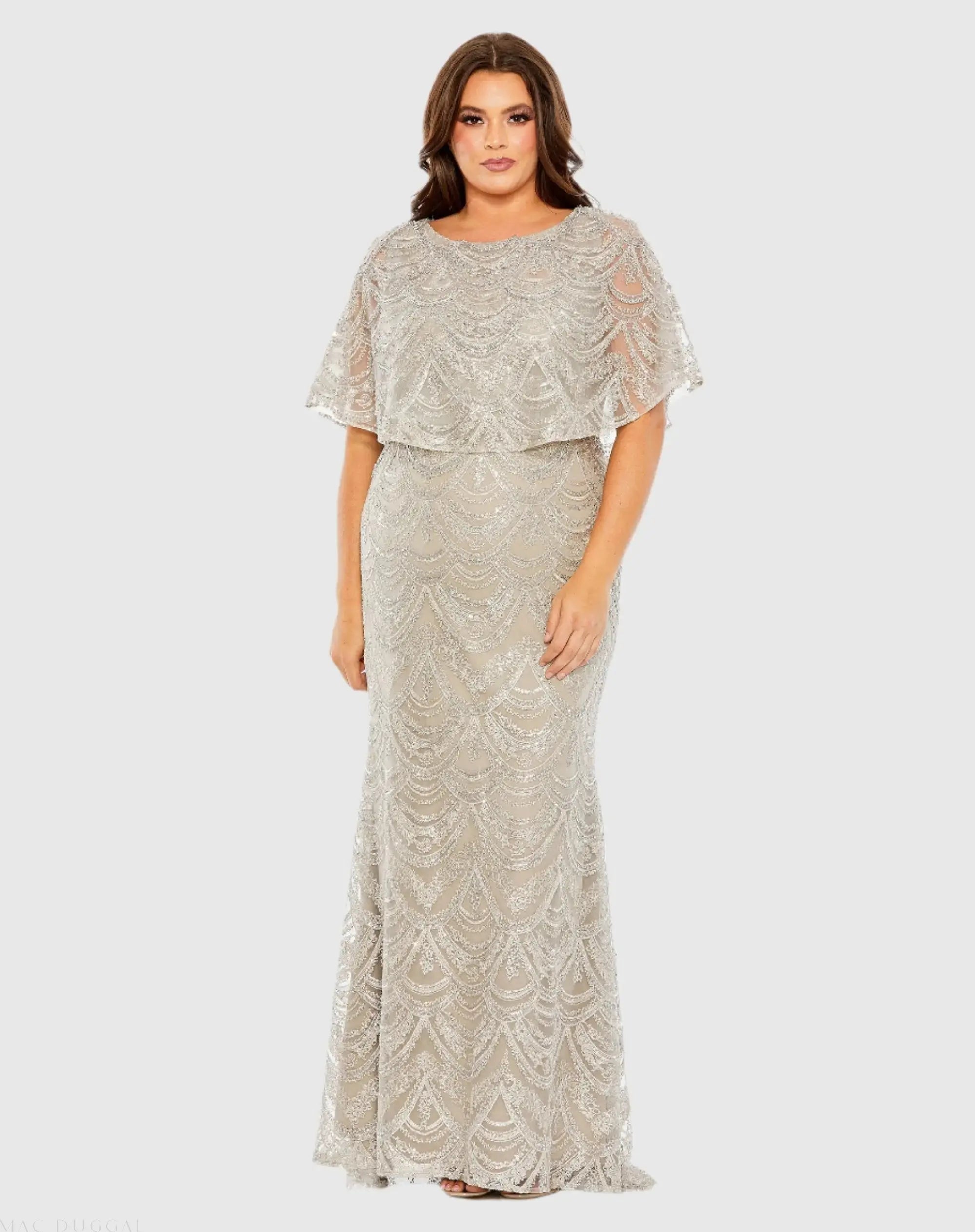 Beige High Neck Embellished Column Dress With Cape (Plus)