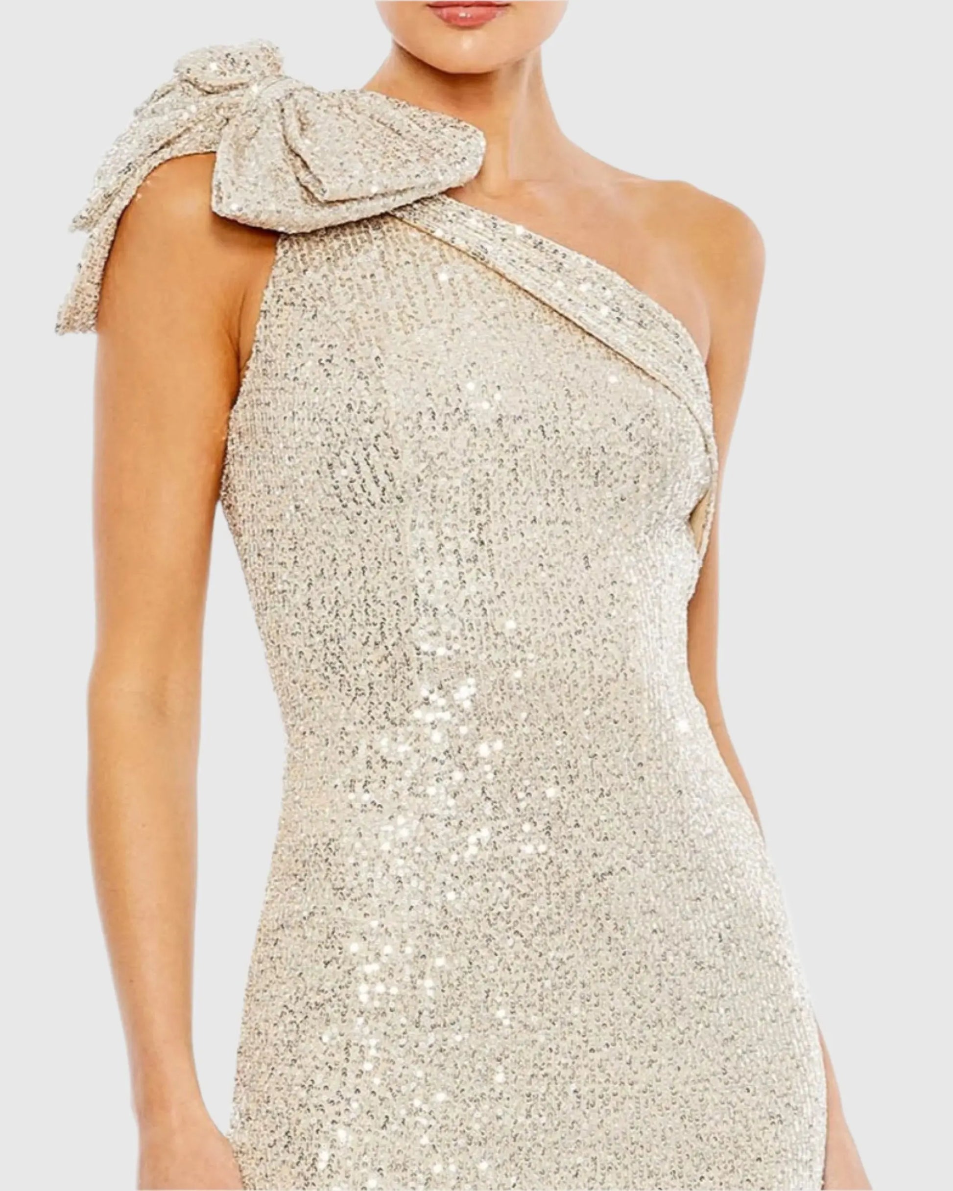 Beige Sequined Bow One Shoulder Column Gown - Mac Duggal