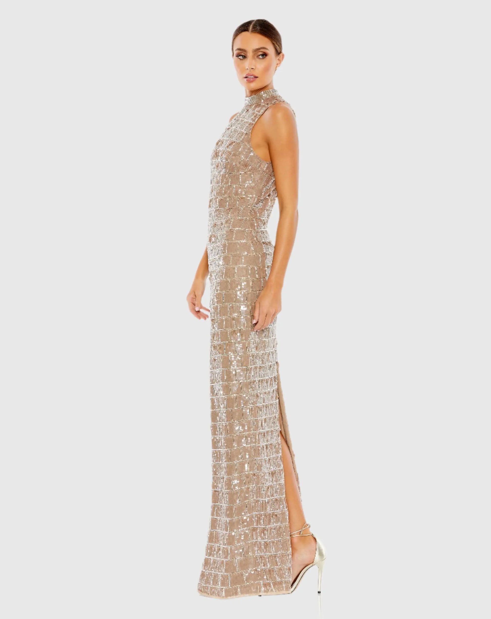 Sequined High Neck Sleeveless Column Gown - Mac Duggal