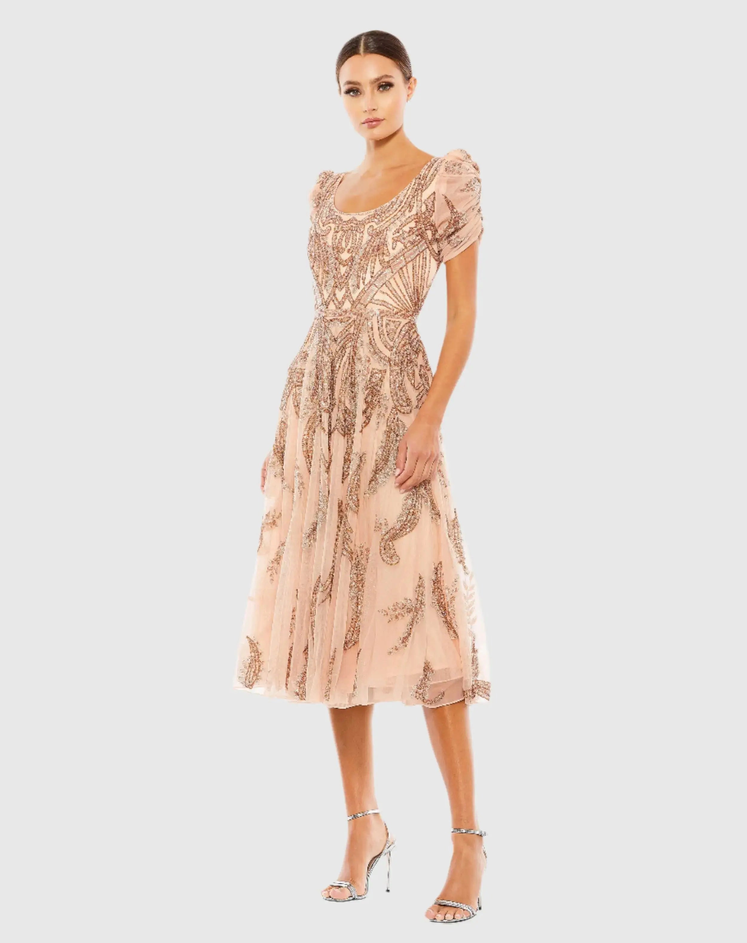 Beige Short Sleeve Beaded A-line Tea Length Dress - Mac Duggal