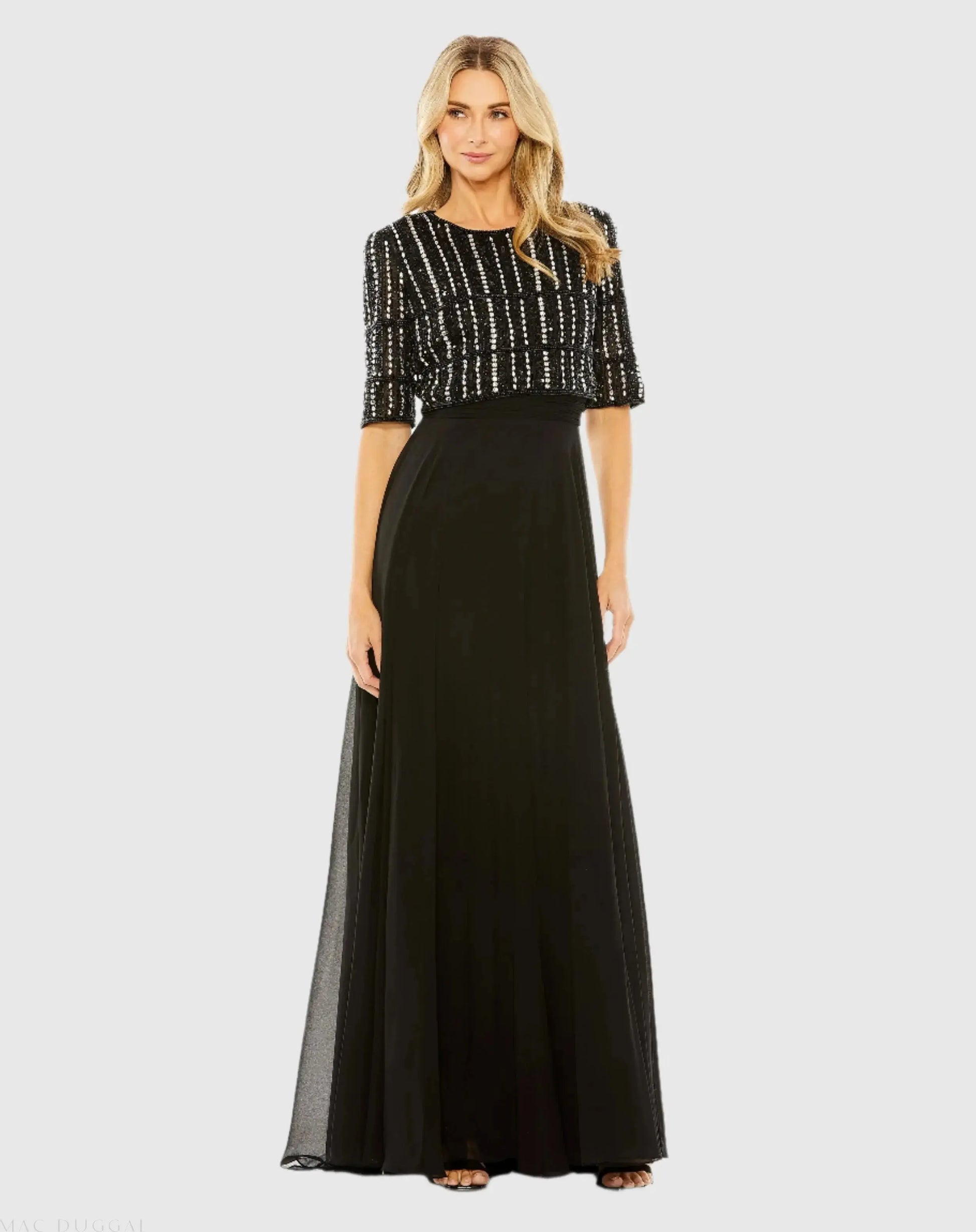 Chiffon Gown w/ Fully Beaded 3/4 Sleeve Top - Mac Duggal Chiffon Gown w/ Fully Beaded 3/4 Sleeve Top - Mac Duggal
