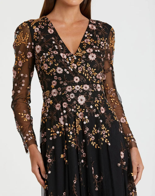 Black Multicolor Floral Embroidered A-Line Cocktail Dress - Mac Duggal