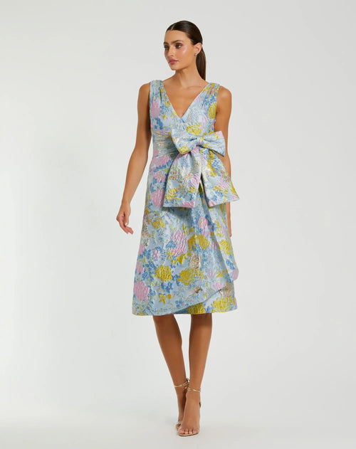 Blue Floral Brocade Sleeveless Midi Dress With Bow